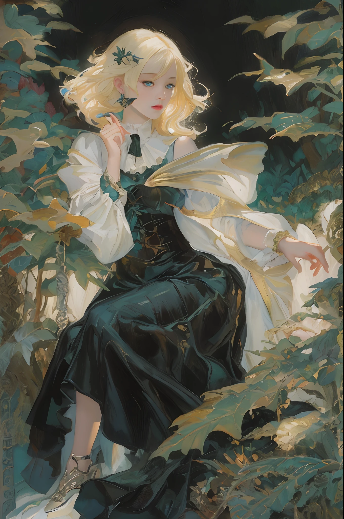 Top image quality、masterpiece、Thick painting of oil painting、Leyendecker's style、Beautiful fair-skinned girl、Fantasia、the eyes are a little small、The iris is blue、Cute little face、a small face、Light makeup、blonde hair、tiny chest、sitting on、Full body like、Black Gloves、gothic dress、long skirt、Forest in the background、rivulets、borgar、The dragon、fullmoon、thirds rule、dynamic ungle
