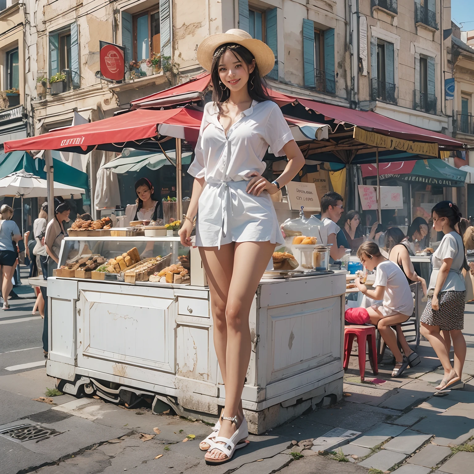 (Masterpiece), (Best quality), photorealism, Realstic, (1fille), seulement, corps parfait, grosse poitrine, sexy, dans la rue, sourire, chemise blanche, ventre, jambes minces, street food paysage.