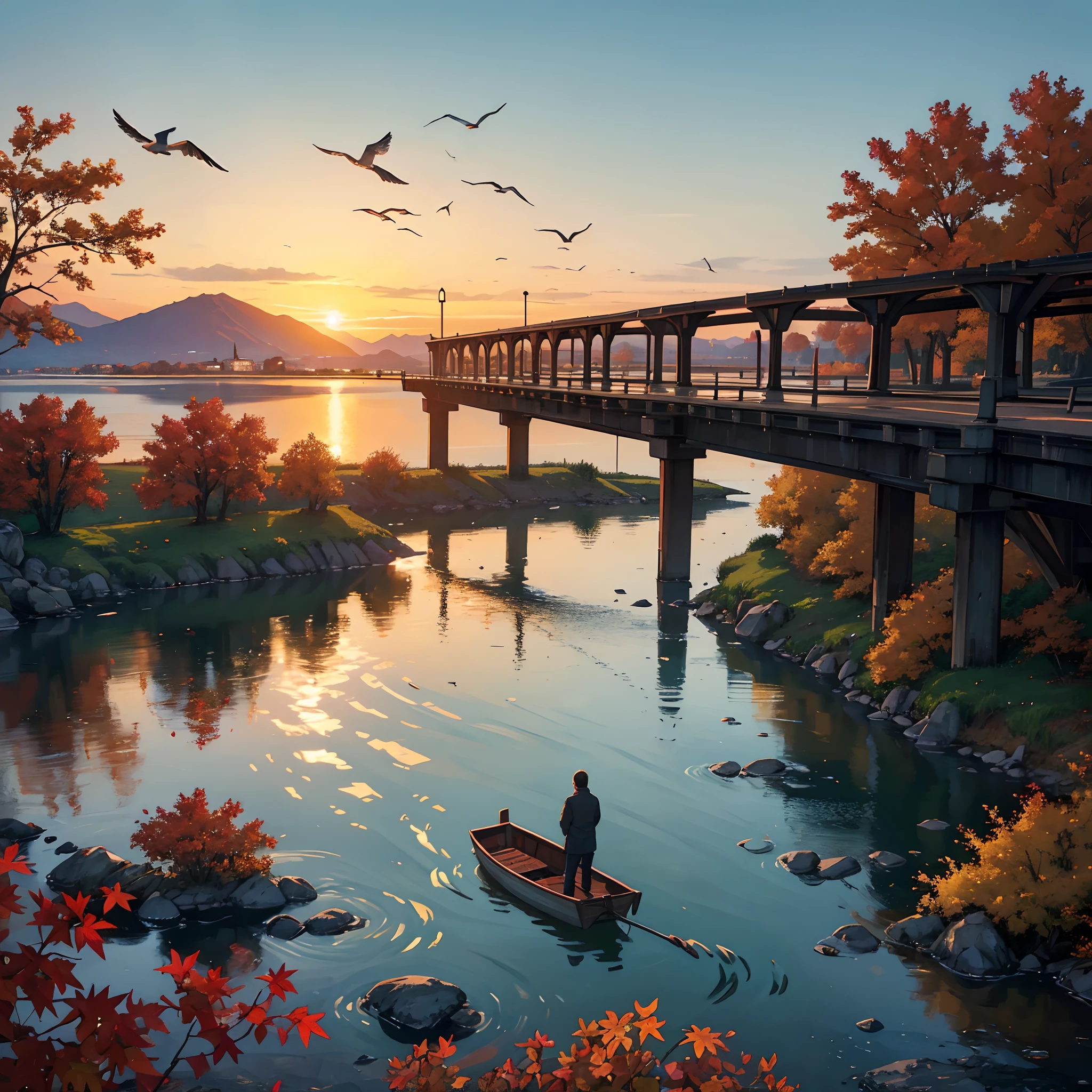 "A stunning autumn sunset with a flock of flying geese, reflecting in the calm river water. The sky is filled with warm hues of orange, red, and gold, adding a touch of tranquility to the scene. The geese fly gracefully in a V-formation, symbolizing unity and connection. The atmosphere is serene and peaceful, evoking a sense of solitude and introspection. The image portrays a beautiful balance between nature and man-made elements. The river is adorned with iconic symbols of human connection, such as bridges or boats, representing the interconnectedness of individuals and communities. The artwork is of the highest quality, with ultra-detailed and realistic rendering. The colors are vivid and vibrant, capturing the essence of the autumn season. The lighting is soft and warm, casting a gentle glow on the scene. It is a masterpiece in terms of its craftsmanship, capturing the beauty and serenity of the moment, and invites viewers to contemplate the beauty of nature and the importance of human connection."