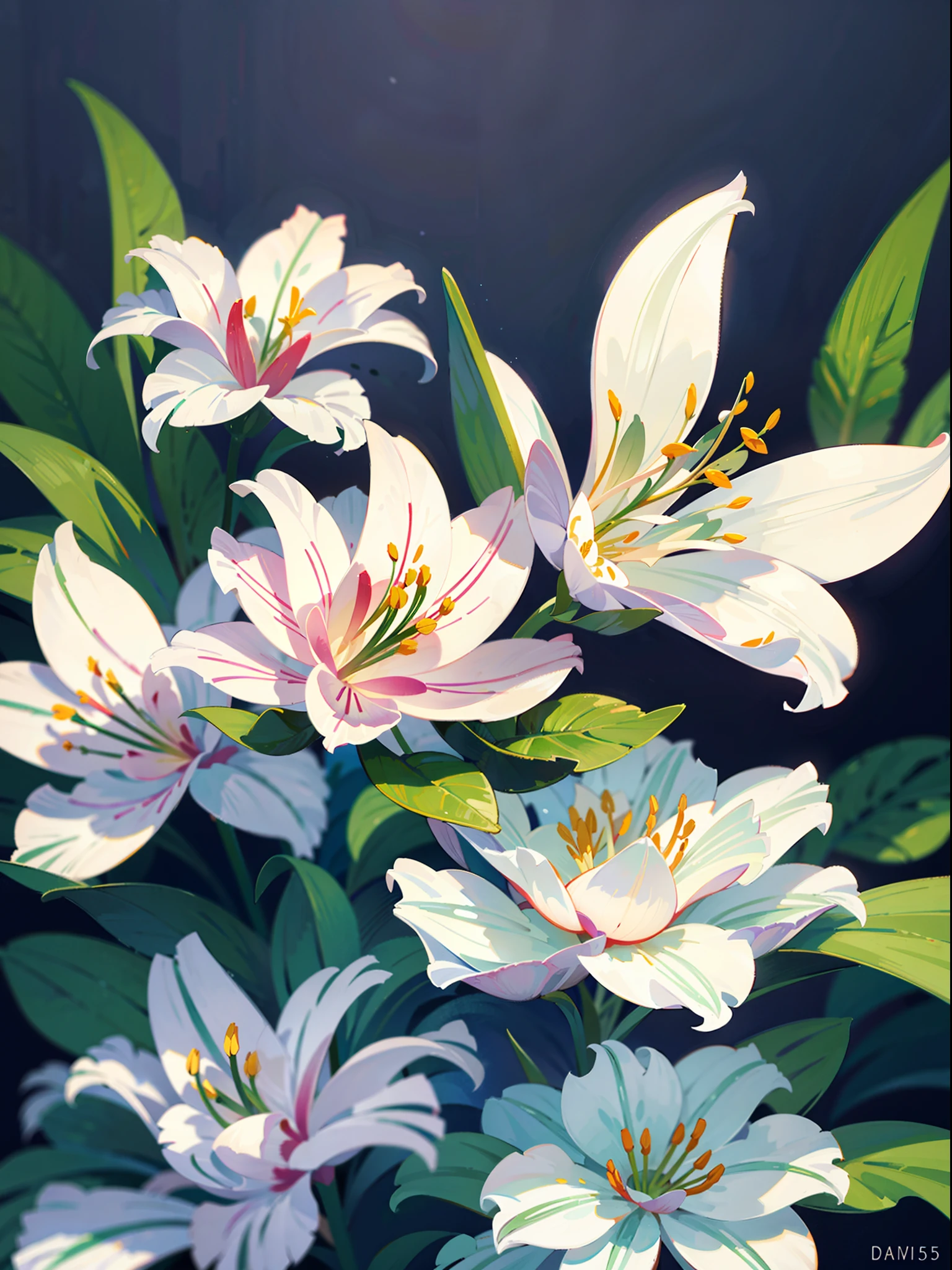 Close-up of lilies, high-precision picture quality, beautiful white background showing a lily picture. White lilies bloom towards us in pictures, capturing every corner of the human eye. The details of the petals are delicate and gorgeous, the exotic ears take on a sense of mystery, and the glowing details make the flowers look even more delicate. Improve the details of the stem and flower of the cosmic lily to make the picture more perfect.