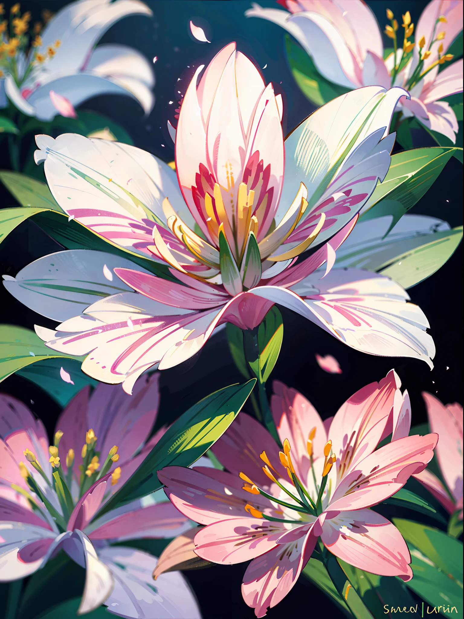 Close-up of lilies, high-precision picture quality, beautiful white background showing a lily picture. White lilies bloom towards us in pictures, capturing every corner of the human eye. The details of the petals are delicate and gorgeous, the exotic ears take on a sense of mystery, and the glowing details make the flowers look even more delicate. Improve the details of the stem and flower of the cosmic lily to make the picture more perfect.