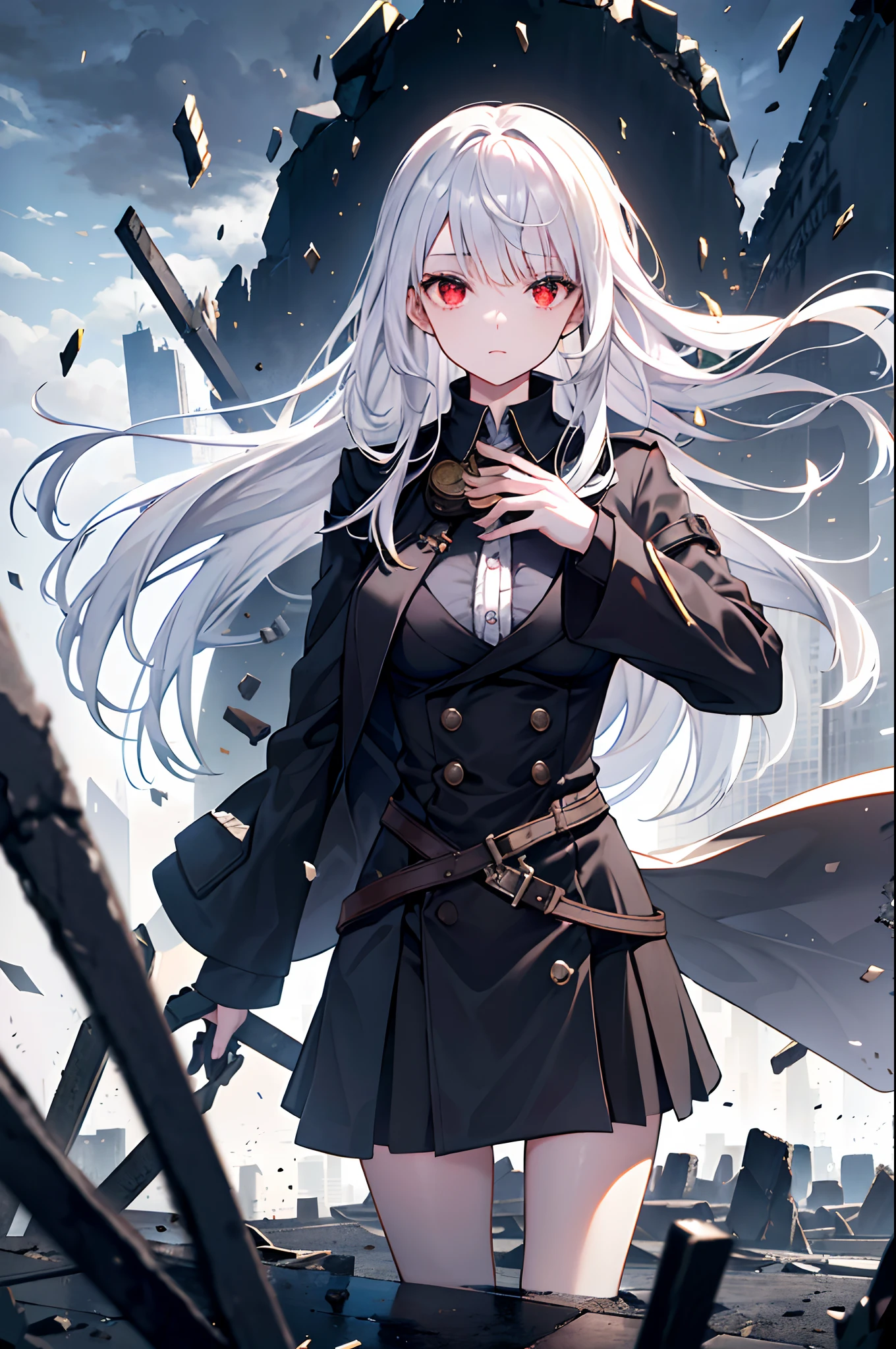 A girl, black hair, a dark coat, black eyes, monocle, broken mirror ground, overlook, large scene of city, flying glass debris and paper fragments, flying stones, ((strong winds)), ruins, science fiction, complex details, and high quality，Iceberg Beauty,1girl,red eyes,long hair,hime_cut,{hair in takes},medium breasts,white hair,silver_hair，