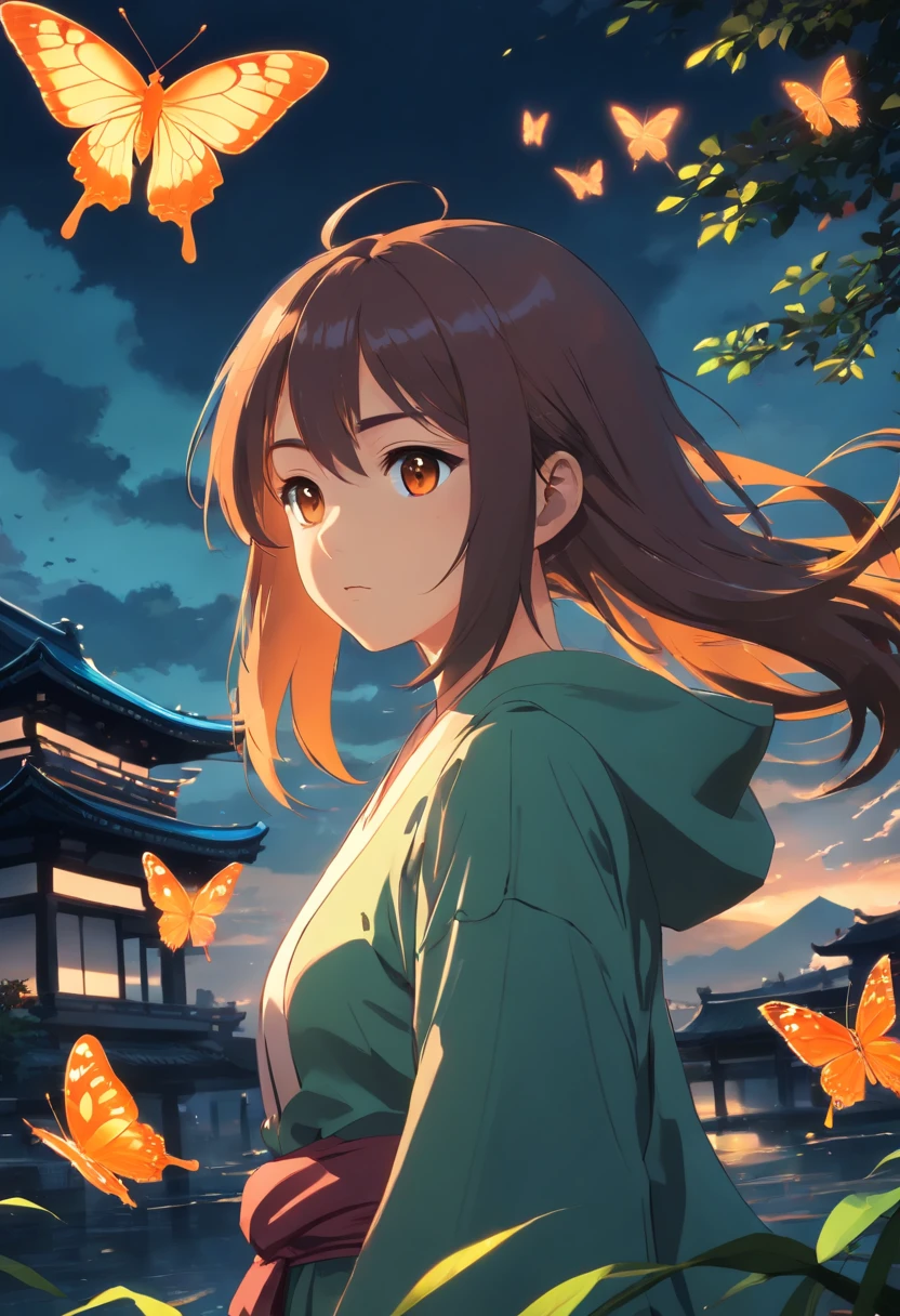 (Ancient Japan:1.2),(Best quality,A high resolution,Masterpiece:1.2),(cinematic Film still from),(Dark atmosphere:1.4),(1girll),(Orange semi-long hair and an 18-year-old girl:1.2),(There is a flock of butterflies around),(Swallowtail butterfly),(up-close),(Only the upper body is shown:1.0),(baggy clothes,looming:1.2),(depth of fields)