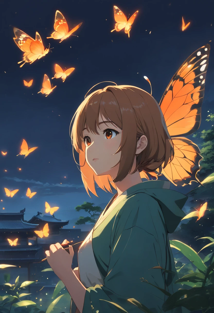 (Ancient Japan:1.2),(Best quality,A high resolution,Masterpiece:1.2),(cinematic Film still from),(Dark atmosphere:1.4),(1girll),(Orange semi-long hair and an 18-year-old girl:1.2),(There is a flock of butterflies around),(Swallowtail butterfly),(up-close),(Only the upper body is shown:1.0),(baggy clothes,looming:1.2),(depth of fields)
