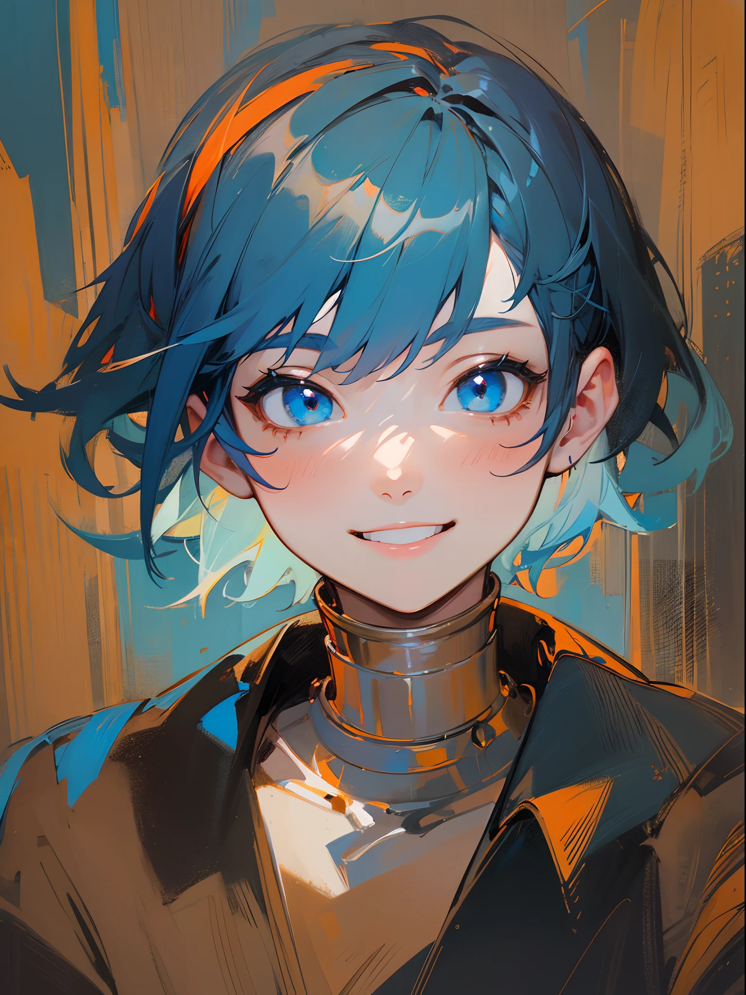 Single Portrait, girl with, Smile, Impression, (Oil Painting), Blue and orange tones, Hair short like a boy、Dark blue hair、Light blue hair band:1.2、Blue eyes