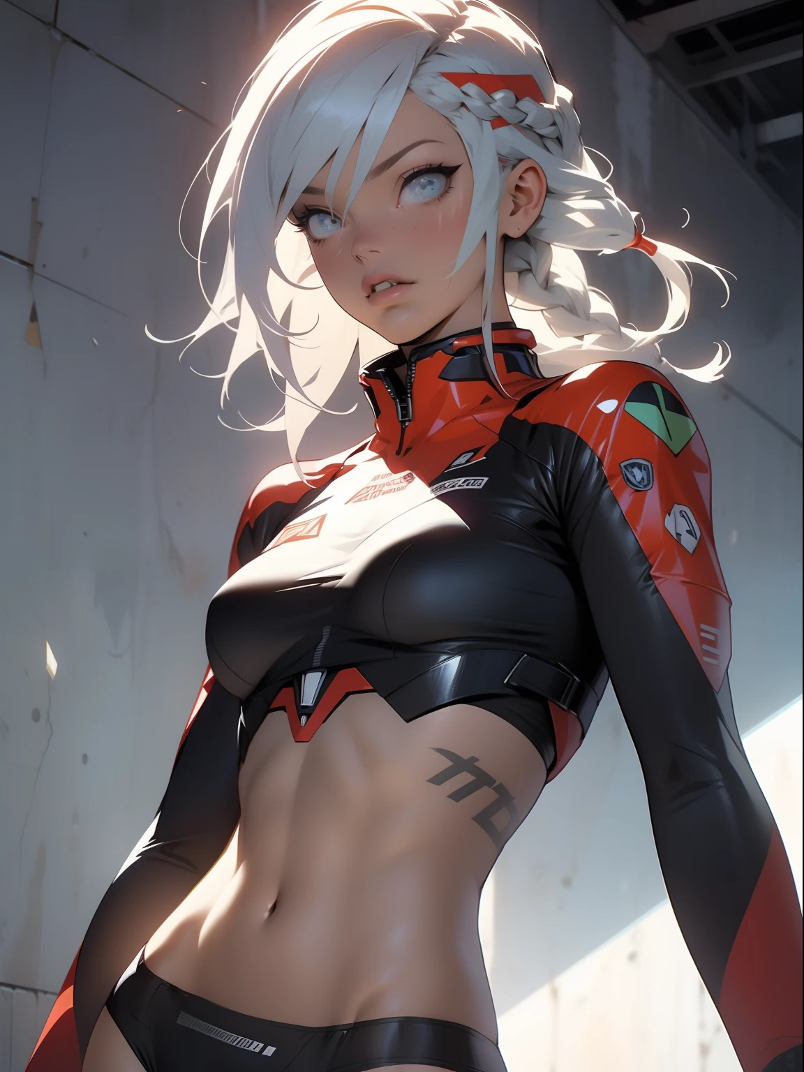 ((Best quality)), ((masterpiece)), (detailed: 1.4), (Absurd), War-ready female fighter pilot with military bikini, Marine, dark skin, defined sculpted body, full body, bare thighs, closed mouth,  cyberpunk, semi naked, generous neckline, ((perfect medium breasts)), (super light blue eyes without pupils), (((military camouflage bikini)),  (((white hair with braid)))), long eyelashes heavy makeup, garter belt, by mucha, niji --V5, close to real, psychopathic, perfect face, sexy pose, background with a giant head  evangelion, 2 piece clothing, pastel, centered, scale to fit the dimensions, HDR (High Dynamic Range),Ray Tracing, NVIDIA RTX,Super-Resolution,Unreal 5,Subsurface Dispersion, PBR Texture, Post-processing, Anisotropic filtering, Depth of field, Maximum clarity and sharpness, Multilayer textures, Albedo and specular maps, Surface shading, Accurate simulation of light-material interaction, Perfect proportions, Octane Render, Two-tone lighting, Wide aperture, Low ISO, White balance, Rule of thirds, 8K RAW, crysisnanosuit bikini