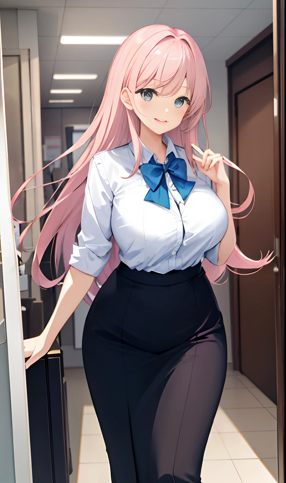 ((masterpiece, best)),(1girl),((mature woman)), light pink hair, dizzy, trumpet, ((office lady)), bangs, mid-chest, (full), slim, smiling, [wide hips] ,office,standing, aru \(blue archive\),