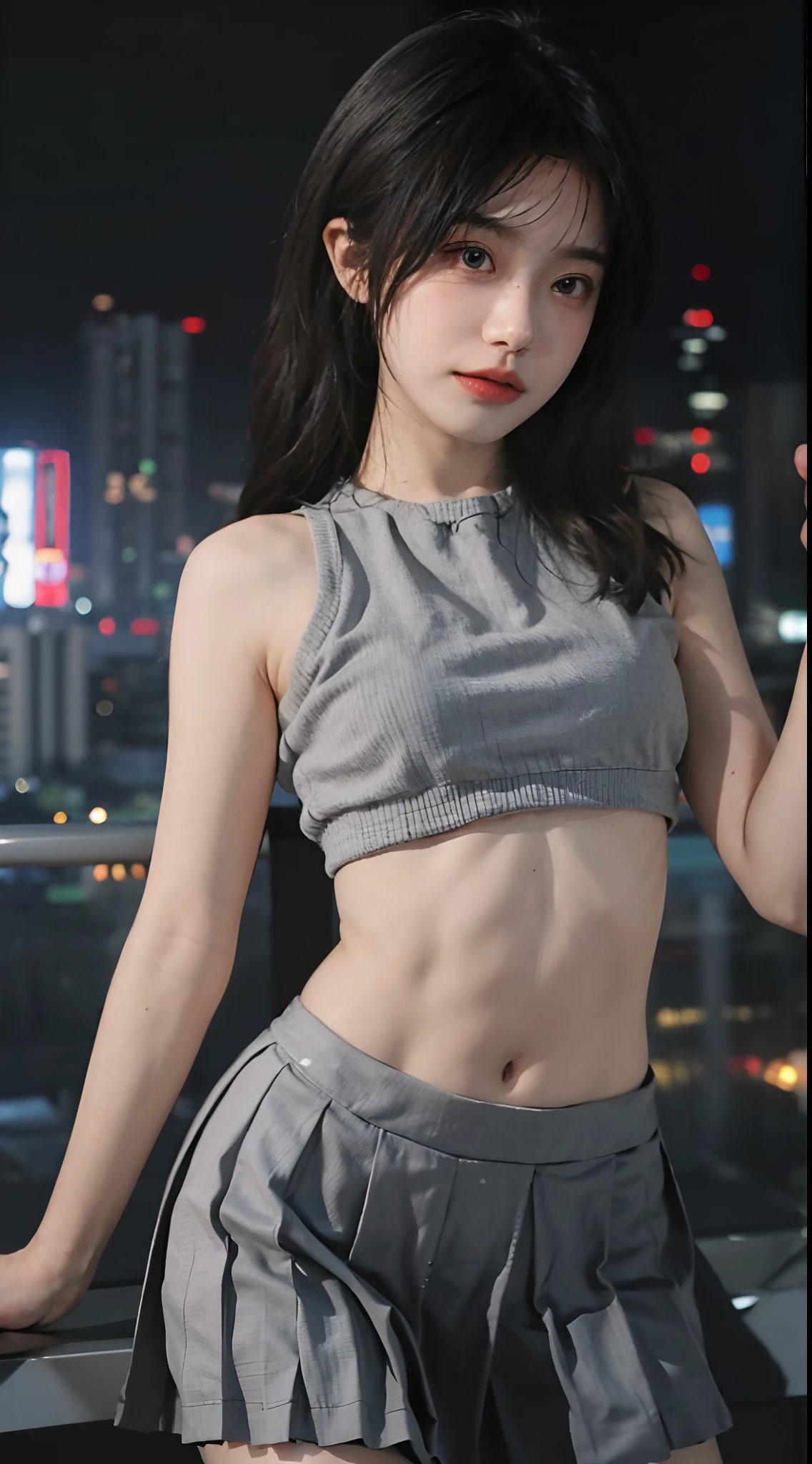 best qualtiy,tmasterpiece,超高分辨率,(realisticlying:1.4),sharp fokus:1.2, 1girll, Beautiful Women with Perfect Figure:1.4, Slim abs:1.1, (Gray hip skirt:1.4),(exteriors,during night:1.1),Ultra-fine face,Fine eyes,二重まぶた,