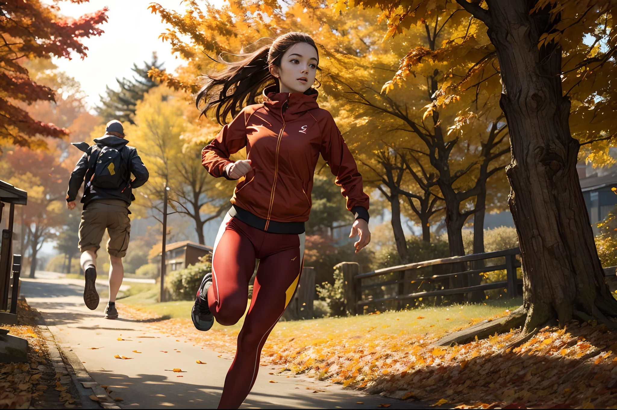 Maple trees with red leaves, Autumn, young athletic woman running happily in middle of a swarm of falling yellowish and russet leaves on the air, dynamic scene, highly detailed.