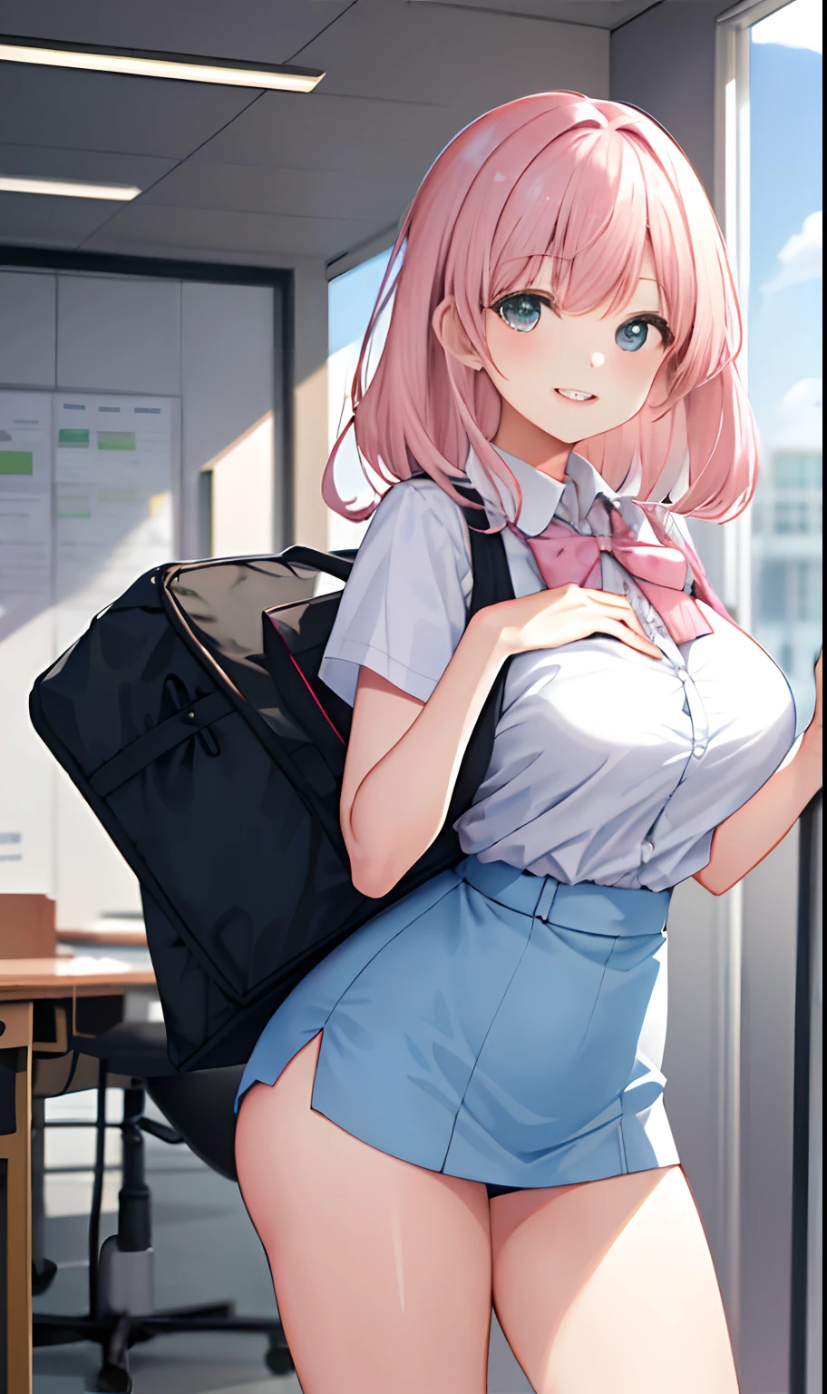 ((masterpiece, best)),(1girl),((mature woman)), light pink hair, dizzy, trumpet, ((office lady)), bangs, mid-chest, (full), slim, smiling, [wide hips] ,office,standing, aru \(blue archive\),