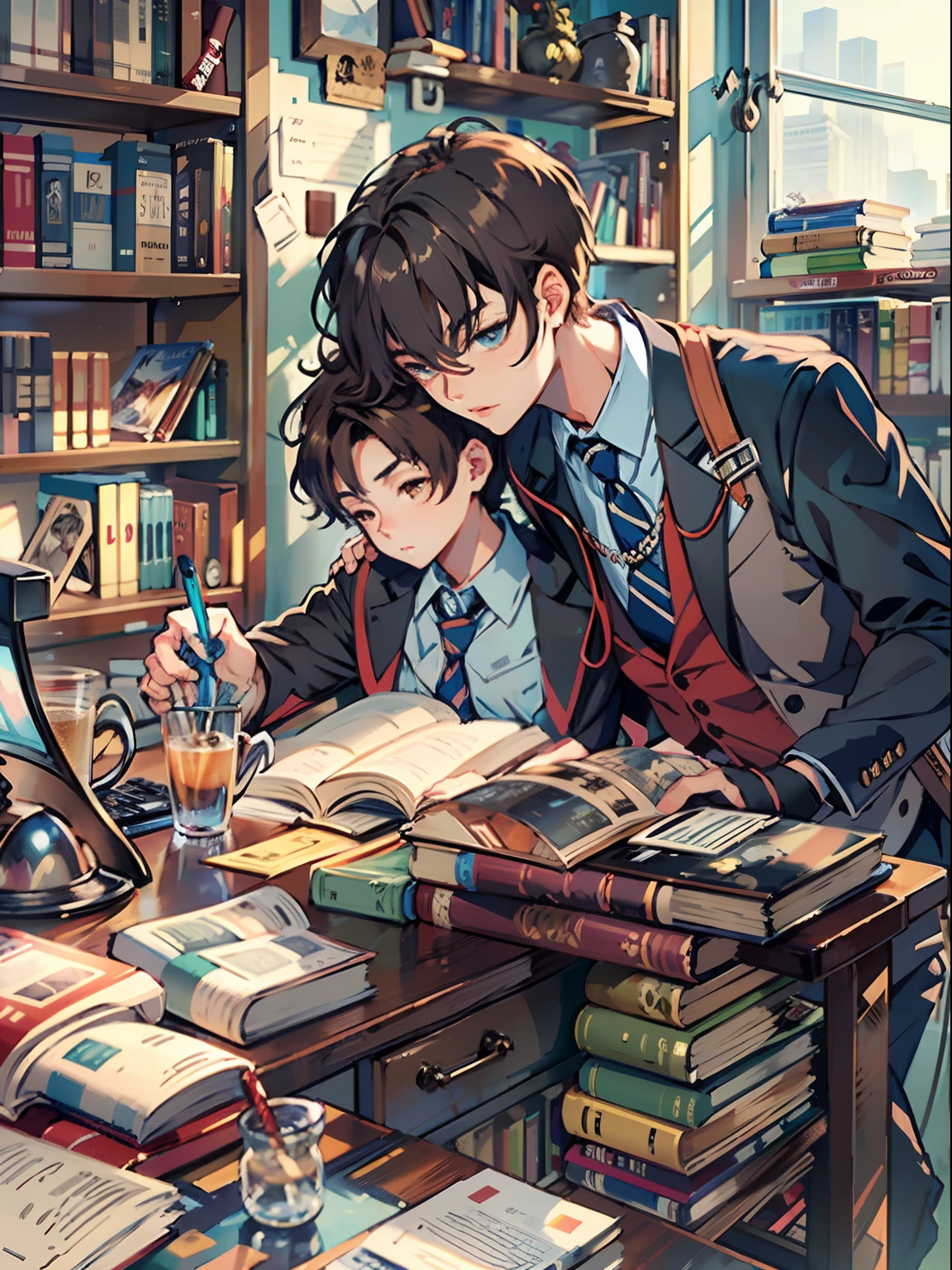 2boys,11 only、(Man's :2),(bobhair:1.5)、A dark-haired、Brown hair、Drinking coffee、chum、Brightly colored ties、Cluttered library、Twilight,Natural lighting、hightquality、masutepiece,8K,hight resolution、