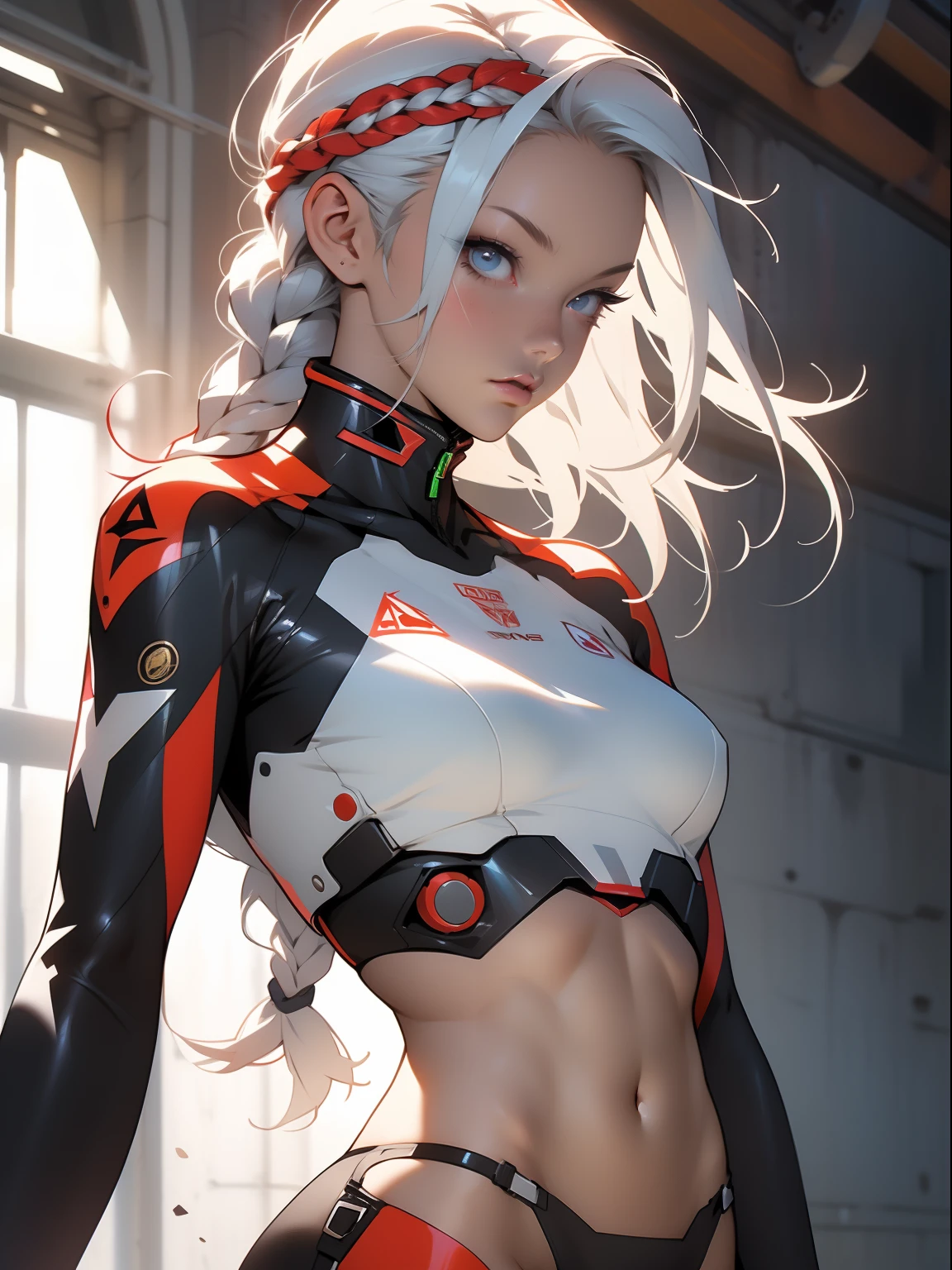 ((Best quality)), ((masterpiece)), (detailed: 1.4), (Absurd), War-ready female fighter pilot with military bikini, Marine, dark skin, defined sculpted body, full body, bare thighs, closed mouth,  cyberpunk, semi naked, generous neckline, ((perfect medium breasts)), (super light blue eyes without pupils), (((military camouflage bikini)),  (((white hair with braid)))), long eyelashes heavy makeup, garter belt, by mucha, niji --V5, close to real, psychopathic, perfect face, sexy pose, background with a giant head  evangelion, 2 piece clothing, pastel, centered, scale to fit the dimensions, HDR (High Dynamic Range),Ray Tracing, NVIDIA RTX,Super-Resolution,Unreal 5,Subsurface Dispersion, PBR Texture, Post-processing, Anisotropic filtering, Depth of field, Maximum clarity and sharpness, Multilayer textures, Albedo and specular maps, Surface shading, Accurate simulation of light-material interaction, Perfect proportions, Octane Render, Two-tone lighting, Wide aperture, Low ISO, White balance, Rule of thirds, 8K RAW, crysisnanosuit bikini, thigh gap