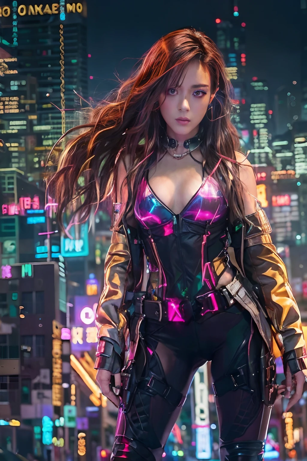 masutepiece, Dystopian city with neon signs and holograms projected on buildings and sky, Slim beautiful woman, Surrounded by neon-lit reflections of the cityscape, depth of fields, Beautiful woman with slim figure, Holographic in tight clothes, fit girl, Strong lighting of the bodysuit, an hourglass figure, High contrast clothing, Holographic clothing, walking towards camera, See the viewer's eyes, lip stick, Yellow Virtual Reality Glasses, long straight red hair, Night, cyberpunk aesthetic, Highly detailed lighting, Dramatic, in 8K, high-detail, Skin Texture, Realistic skin texture, armor, Best Quality, hight resolution, Photorealsitic