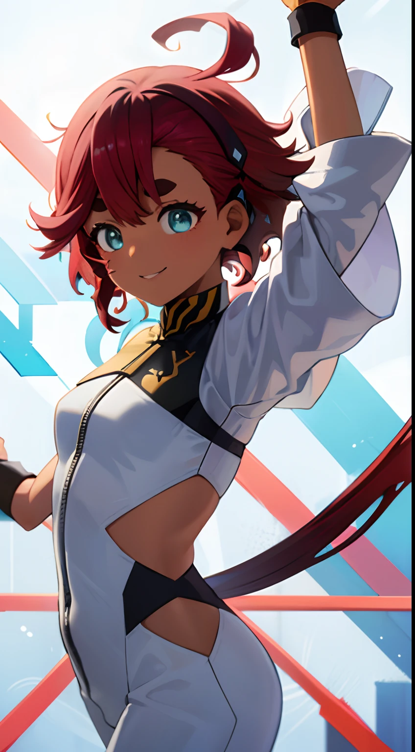 Hikimayu round eyelashes, Small Skin Dance (Dekaahoge) (Black big hair) Hairline (Half smooth back hairstyle) (Pulling the hair back) Asymmetrical bangs dark brown hair short hair big hair messy hair lip hair, Dark Red Bodysuit White Jumpsuit,A smile、SulettaMer