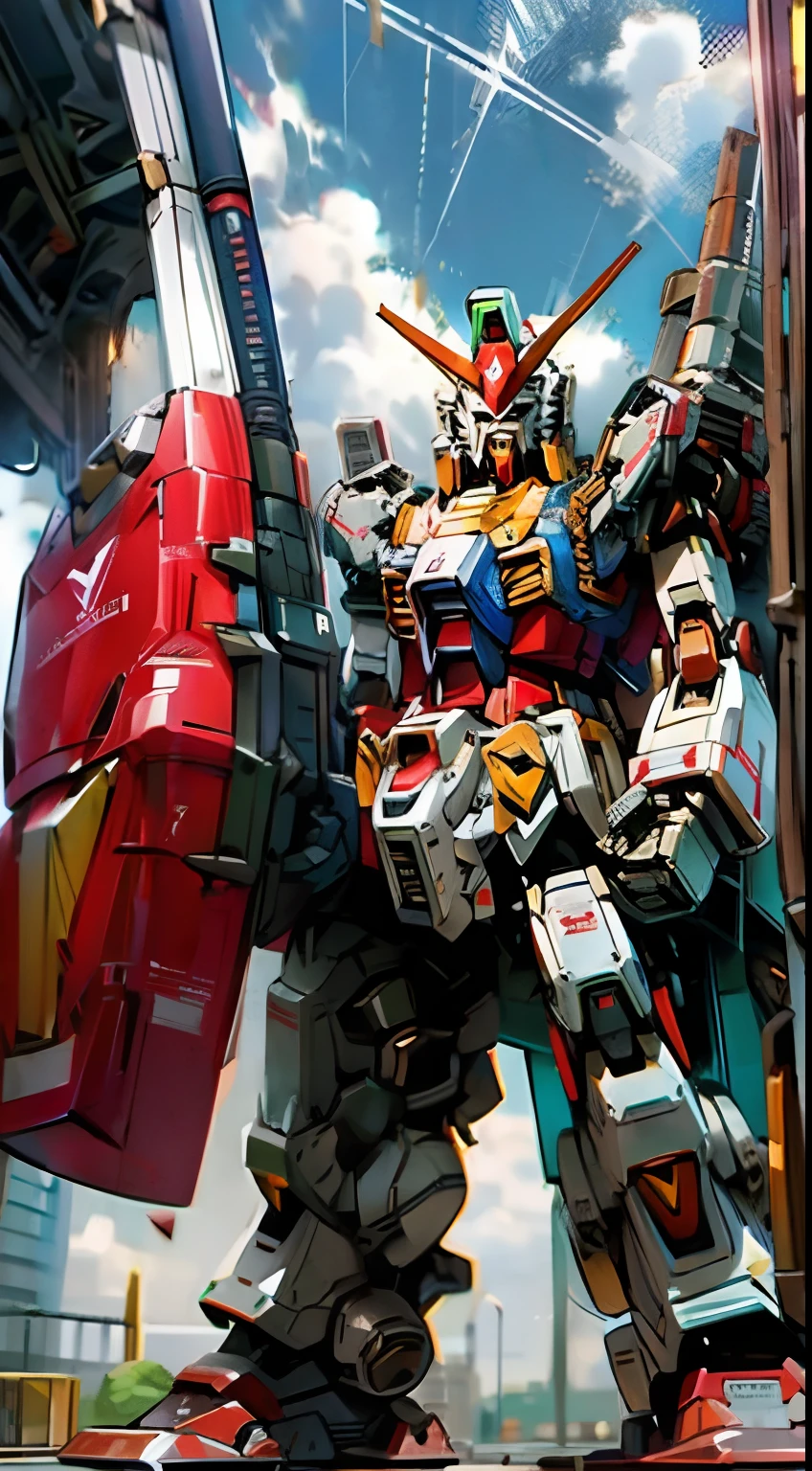 Ruins of destruction,Ruins JD,Giant robot in front of the Capitol,RX78,Gundam robots,Red shield,standing on your feet,Battle damage