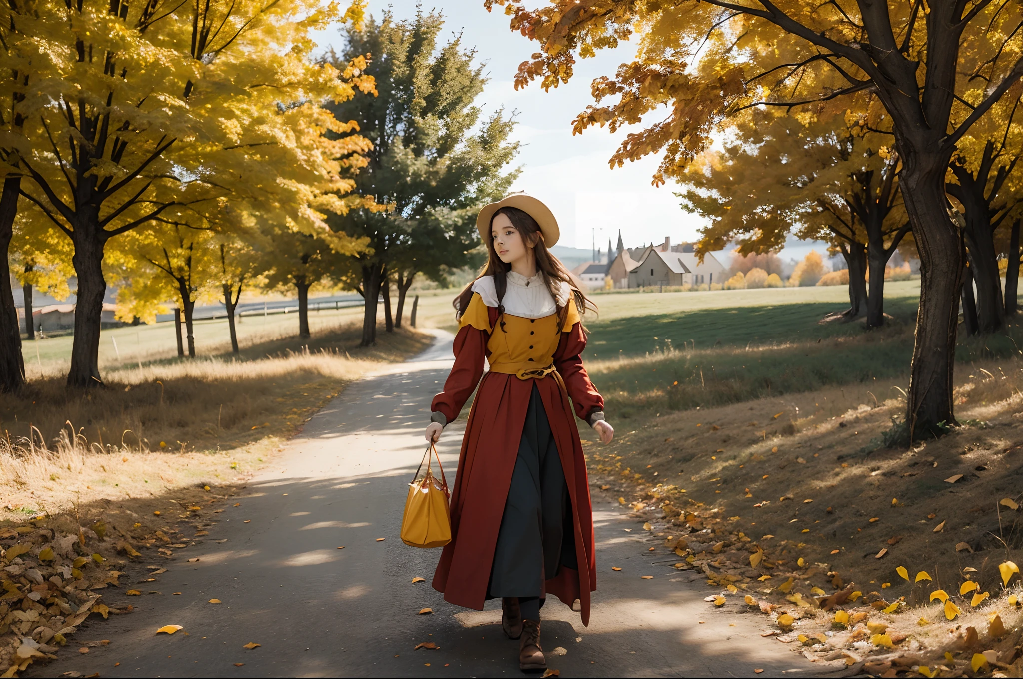 Fall season, red and yellow trees, a medieval peasant girl walking on a field in France, holding a recipient with milk, medieval town on the background, Autumn, fallen leaves on the ground, earthy tones palette.