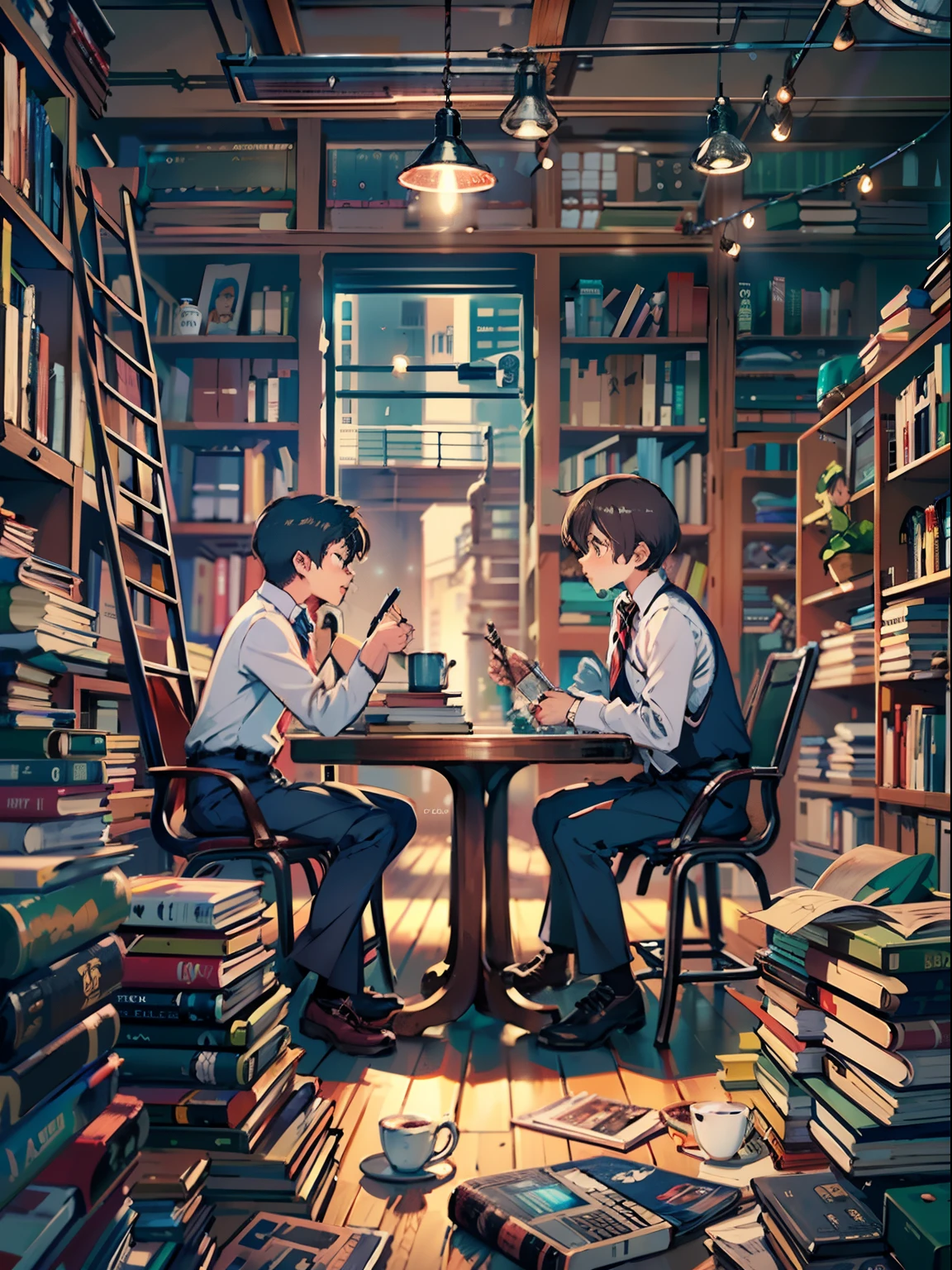 2boys,11 only、(Man's :2),(bobhair:1.5)、A dark-haired、Brown hair、Drinking coffee、chum、Brightly colored ties、Cluttered library、Twilight,Natural lighting、hightquality、masutepiece,8K,hight resolution、