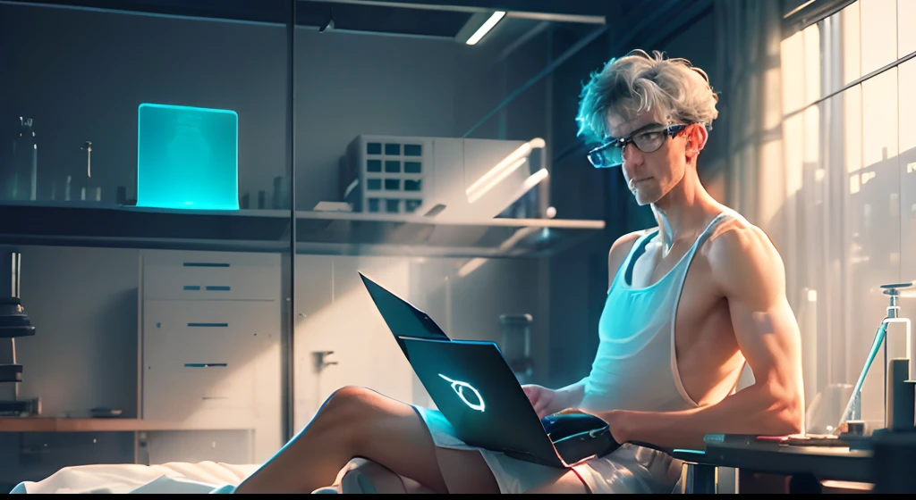 Wide shot bed  in the middle of warehouse inside a glass box, , big ware house type laboratory … with lots of doors , (((Lanky tall Middle Aged  manic scientist , flip glasses, greying scantily hair, translucent pale flaking skin, prominent frontal lobe ))), very skinny frame defined physique, (((sitting on edge of bed))), (((wearing men’s white singlet  and underwear , in laboratory))) , with a state of the art (((holographic computer hovering beside him, ))) , photography by David lynch