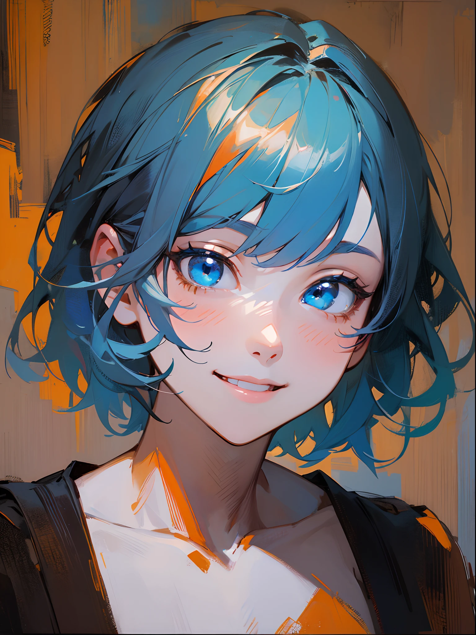 Single Portrait, girl with, Smile, Impression, (Oil Painting), Blue and orange tones, Hair short like a boy、Dark blue hair、Light blue hair band:1.2、Blue eyes