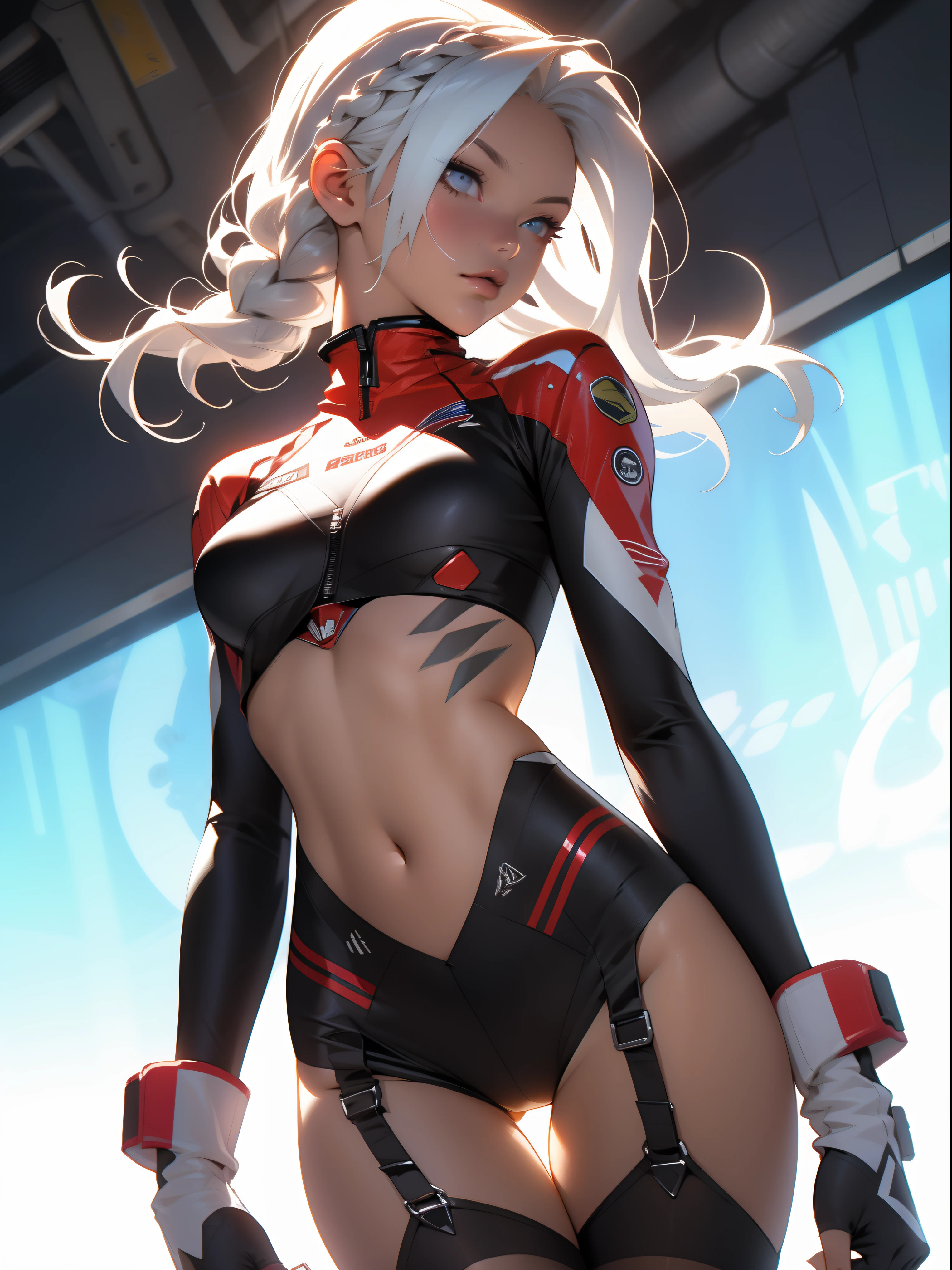 ((Best quality)), ((masterpiece)), (detailed: 1.4), (Absurd), War-ready female fighter pilot with military bikini, Marine, dark skin, defined sculpted body, full body, bare thighs, closed mouth, cyberpunk, semi naked, generous neckline, ((perfect medium breasts)), (super light blue eyes without pupils), (((military camouflage bikini)), (((white hair with braid)))), long eyelashes heavy makeup, garter belt, by mucha, niji --V5, close to real, psychopathic, perfect face, sexy pose, background with a giant head evangelion, 2 piece clothing, pastel, centered, scale to fit the dimensions, HDR (High Dynamic Range),Ray Tracing, NVIDIA RTX,Super-Resolution,Unreal 5,Subsurface Dispersion, PBR Texture, Post-processing, Anisotropic filtering, Depth of field, Maximum clarity and sharpness, Multilayer textures, Albedo and specular maps, Surface shading, Accurate simulation of light-material interaction, Perfect proportions, Octane Render, Two-tone lighting, Wide aperture, Low ISO, White balance, Rule of thirds, 8K RAW, crysisnanosuit bikini, thigh gap, nice hips