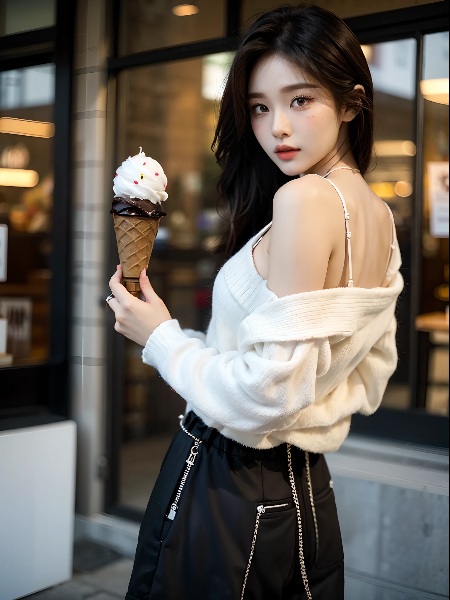 masterpiece、top-quality)、1 beutiful girl、Slim body、((Black and white plain clothes:1.1))、(Detailed beautiful eyes)、In the Han River、Face similar to Chaewon in Le Selefim、((Boyish Brown Medium Hair))、((Smaller face))、((Neutral face))、((Light brown eyes))、((Korean Girl))、((18year old))、((cool lady))、((Embarrassed expression))、((Korean Makeup))、((elongated and sharp eyes))、((Happy dating))、((boyish))、((She is walking in front of the viewer))、((Holding an ice cream in your hand))、((Looking Up))、((shot from back))