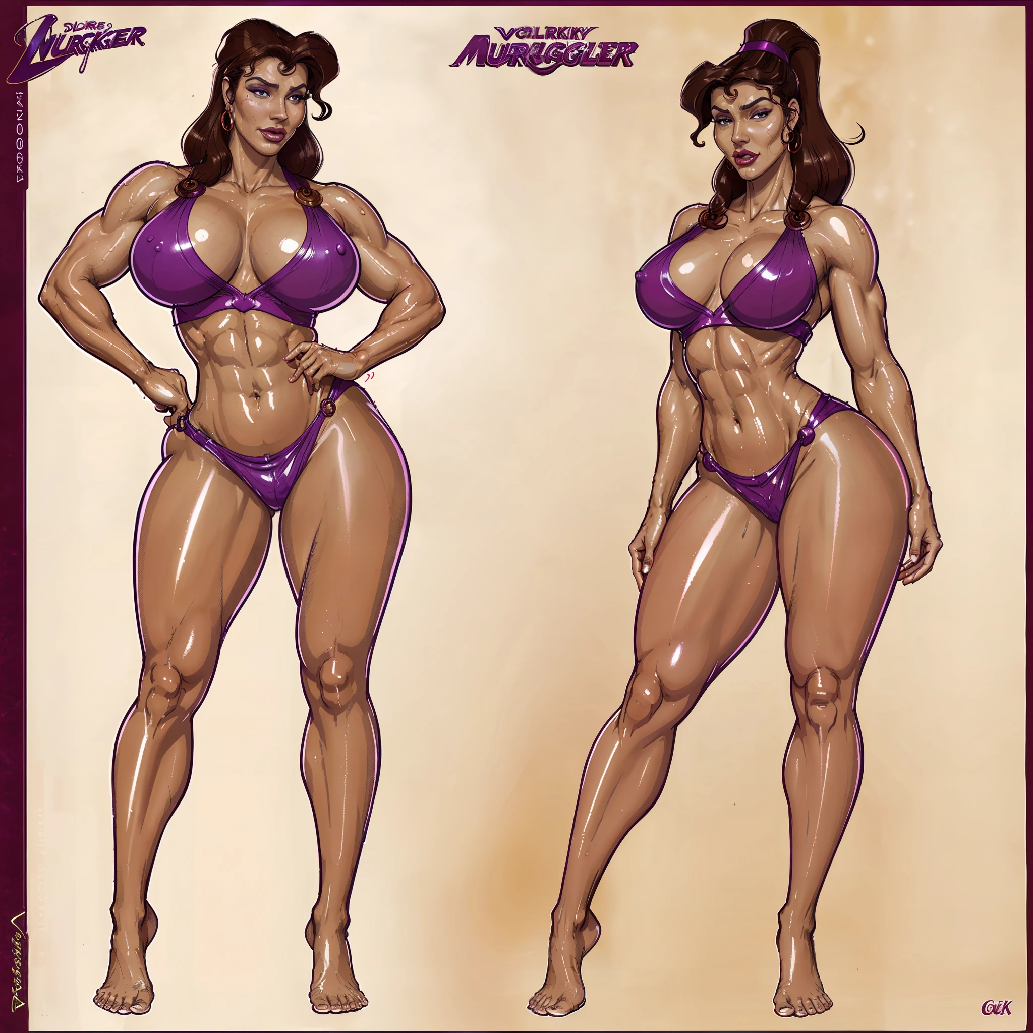megara, voluptuous body, muscular body, split abs, detailed body, shiny skin, WET skin, shiny glossy skin, glossy skin, oily skin, hyper detailed, huge breasts, thick thighs, wide hips, muscular arms, large bulging veins on body, veins, muscle vein, correct proportions, skin detail, model sheet, reference sheet, colored,