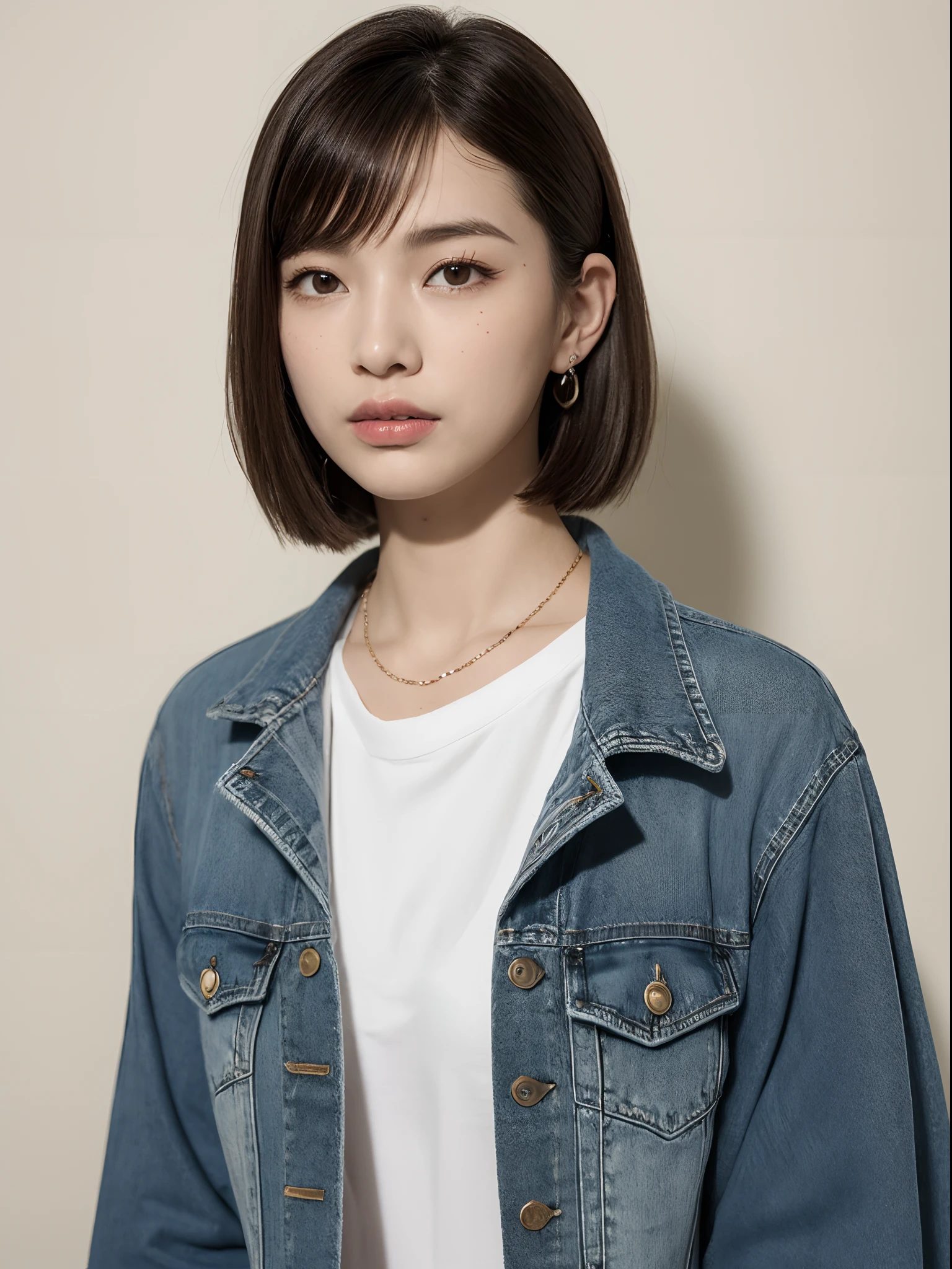 top-quality:1.3、​masterpiece、hight resolution、［1 girl in］、｛独奏｝、fully body photo、((Photorealsitic):1.1)、Real person、Photo of a seductive woman with a loose style of brown hair, portlate、Pose in the room, tedium, mascara, ,(Textured skin, Skin pores:1.1), (Mole:0.8), (Imperfect skin:1.1) intricate detailes, goose bumps, face perfect, (hitornfreckles:0.9), , (Unripe, 8K:1.2), murky, Subdued Color,、Detailed skin、japanes、thin bunches of bangs、Bery short hair、denim jackets、White T-shirt underneath、catchlight、piercings、a necklace、white walls