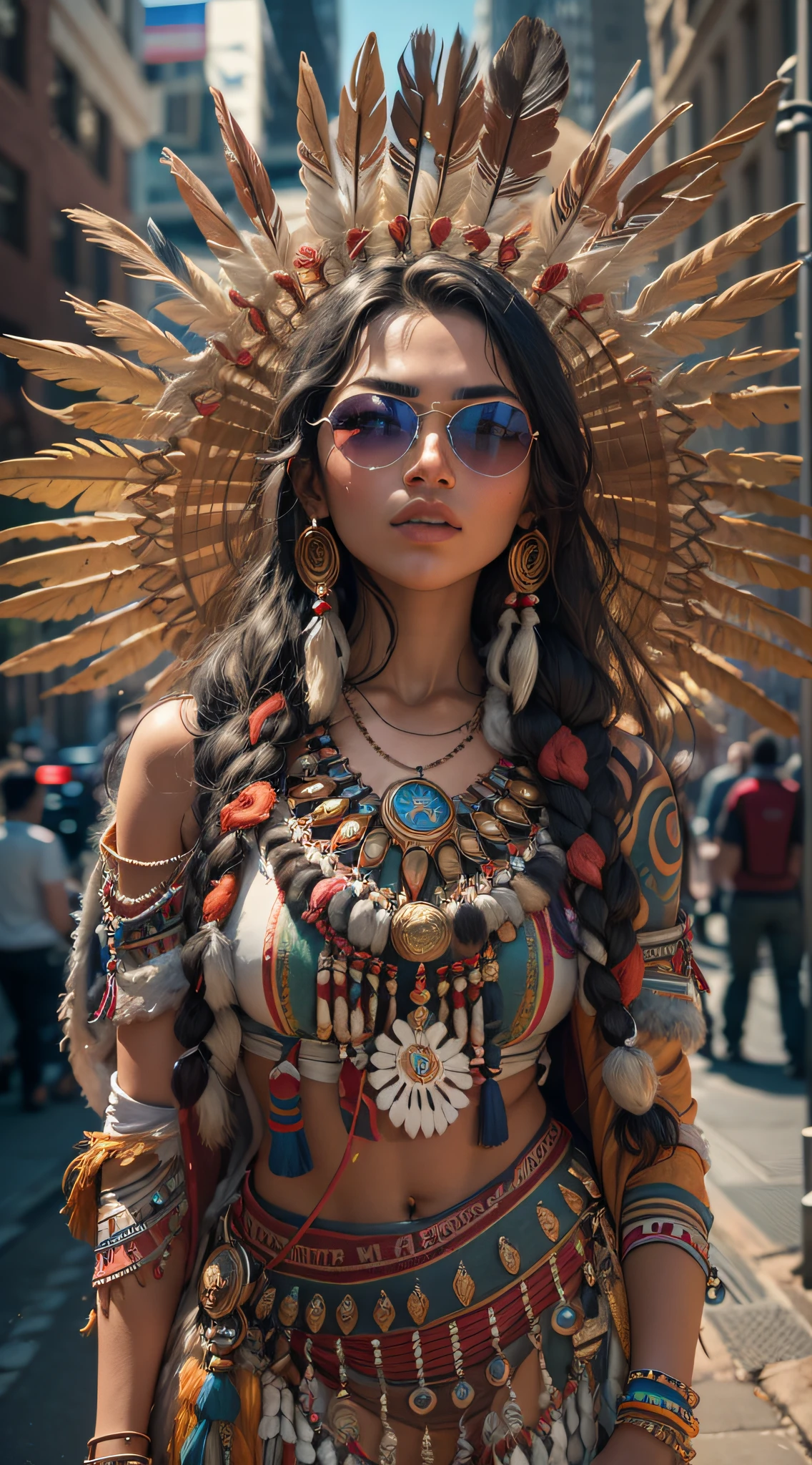 A very realistic and highly detailed portrait of a beautiful Native American woman wearing sunglasses in the future New York City , full-body , ((Zendaya is a Native American woman)) , Indigenous dress , long hair, Hand and body tattoos, Fashion pose, Beautiful hazel eyes symmetrical detailed, detailed gorgeous face, Advanced Indigenous Environment , Integration of civilization populations with the technology of the future , outstanding detail, 30 MP, 4k, كاميرا كانون EOS 5D Mark IV الرقمية SLR, 85mm lens, sharp focus, intricately detailed, Long exposure time, f/8, ISO 100, shutter speed 1/125, Diffused backlight, ((award winning photograph)) , facing camera, looking into the camera, Monovision, Perfect contrast, high sharpness, facial symmetry, Depth-of-field, ultra-detailed photography, Raitsar, global illumination, Tanvertamim, downy, Ultra-High Definition, 8k, unreal engine 5, Ultra-sharp focus, award-winning photograph, trending on Artstation