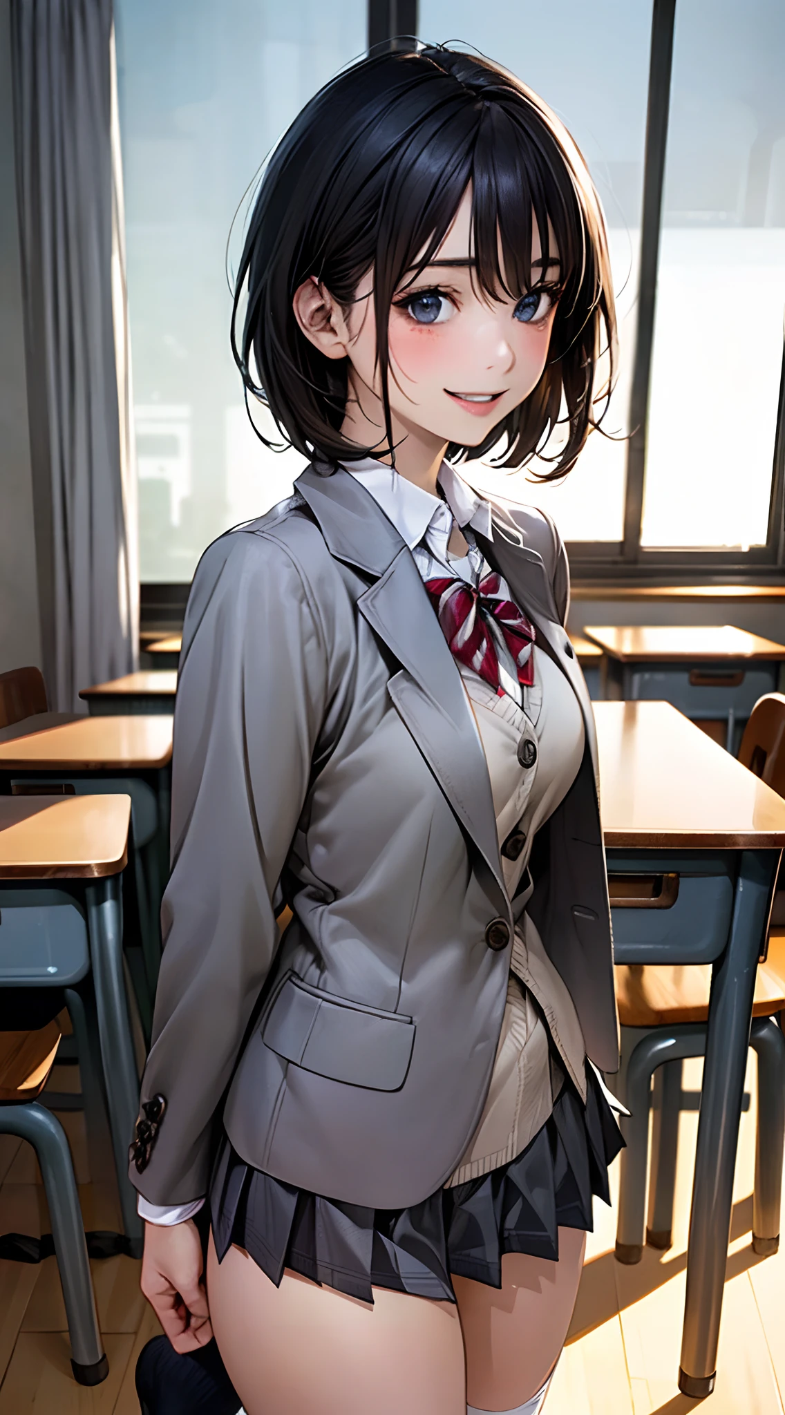 (masterpiece:1.2, top-quality), (realistic, photorealistic:1.4), beautiful illustration, NSFW, 
looking at viewer, cowboy shot, front view:0.8, 
1 girl, japanese, high school girl, black hair, (short hair:1.4), (bob hair:1.2), bangs, hair between eye, blue eyes, large breasts:1.0, (thick thighs), 
beautiful hair, beautiful face, beautiful detailed eyes, beautiful clavicle, beautiful body, beautiful chest, beautiful thigh, beautiful legs, beautiful fingers, 
(beautiful scenery), dawn, bright and refreshing classroom, desks, chairs, curtains, 
((gray blazer, pleated miniskirt, socks, private school uniform:1.2)), white panties, 
(swollen), ((seductive posture: 1.2, attractiveness: 1.2)), (idle),
(erotic,sexy, upper eyes, smiling smile: 1.2), shiny skin, open mouth, 
perfect face, cute and symmetrical face, natural side lighting, movie lighting),