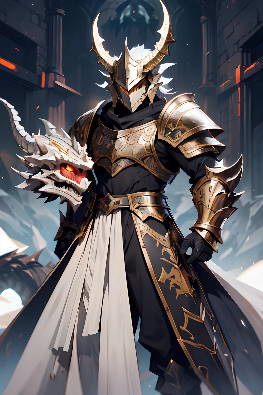 dragon helmet, dragon visor, dragon head, draconic head, silver scales, dragonborn, full plate, full armor, leather armor, light armor, baggy pants, white cloth, robes, full helmet, closed helmet, covered face, heavy helmet, heavy visor, heavy draconic features, heavy dragon features, heavy dragon head