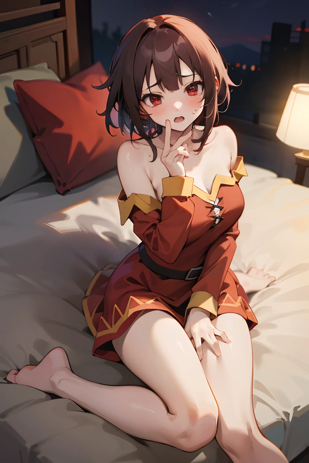 in love, masterpiece, 1girl, megumin's style,((sex)), female, 1boy,, moviment, rough, shocked, laying,(megumin),short_hair, (red_eyes),digtal art, blushing, shocked , missionay, bedroom, BREAK , bed, huge ,expressive eyes, lewd, puffy, innocent,global illumination, hdri, subsurface scattering, masterpiece, 4k, raytrace, beautiful, sharp, smooth skin, bloom, anime, perfect face, night BREAK (gentle, feminine, delicate)