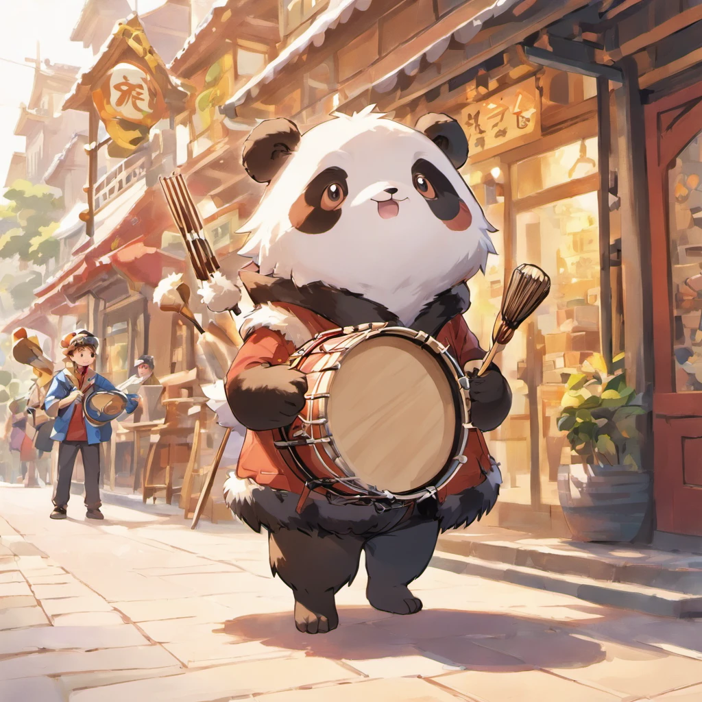 a boy, drum player, Equip wooden wand, drum sticks, Wears a panda fur, Street Musician, ultra detailed, high definition, highest quality, Game Character Design, fullbody, standing posture,