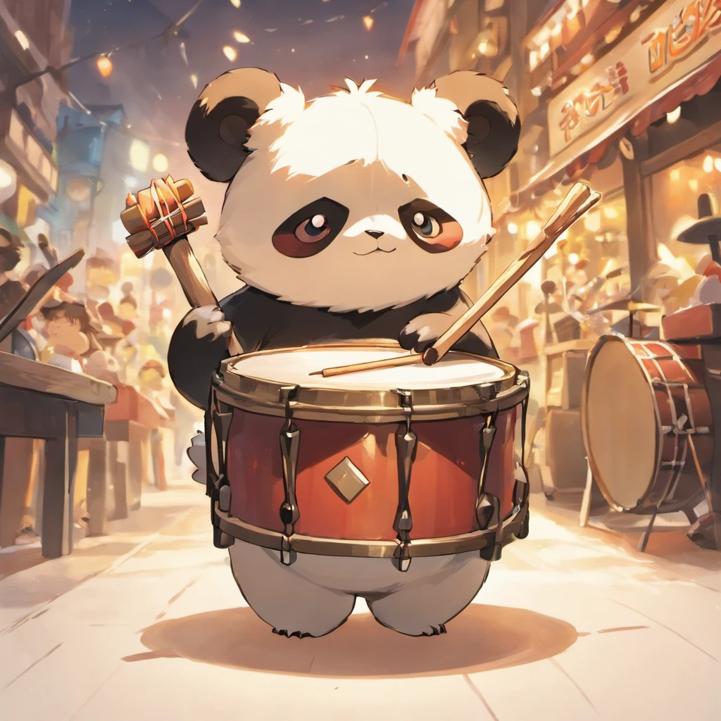 a boy, drum player, Equip wooden wand, drum sticks, Wears a panda fur, Street Musician, ultra detailed, high definition, highest quality, Game Character Design, fullbody, standing posture,