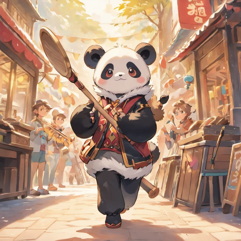 a boy, drum player, Equip wooden wand, drum sticks, Wears a panda fur, Street Musician, ultra detailed, high definition, highest quality, Game Character Design, fullbody, standing posture,