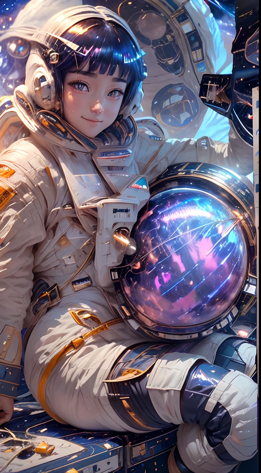 (Innovative spacesuit design)、Create ultra-detailed and futuristic images of beauty astronauts,(Ultra-futuristic design spacesuit) 、(((((A slender)))))、26 year old、Colossal tits、Earth Eye、((((((Photorealsitic)))))、high-level image quality、Raw photo、8K、((((Iridescent inner hair)))、((((((Work in space))))))、The futuristic space city is in the background、red blush、Shy、Smile