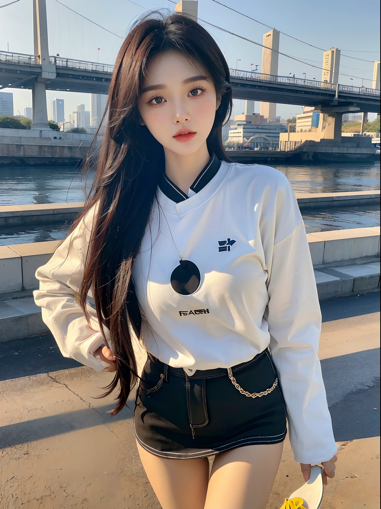 masterpiece、top-quality)、1 beutiful girl、Slim body、((Black and white plain clothes:1.1))、(Detailed beautiful eyes)、In the Han River、Face similar to Chaewon in Le Selefim、((Boyish Brown Medium Hair))、((Smaller face))、((Neutral face))、((Light brown eyes))、((Korean Girl))、((18year old))、((cool lady))、((Embarrassed expression))、((Korean Makeup))、((elongated and sharp eyes))、((Happy dating))、((boyish))、((She is walking in front of the viewer))、((Holding ice cream in hand))、((Looking Up))