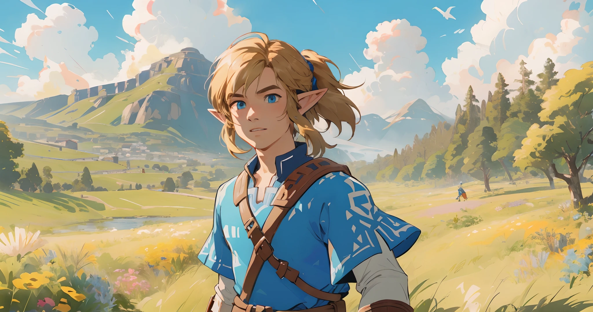 (Award Winning Digital Artwork:1.3) of (Ultra detailed:1.3) solo male, 1 guy, (bright blue eyes), (short blond hair, small ponytail with bangs and side locks 1.3), beautiful forest, handsome, straps, gorgeous,CGSociety,ArtStation, forest, fantasy, breath of the wild, botw, Hyrule kingdom, rolling hills, amazing background, beautiful fields, (wildlife) wide open fields, dancing grass, blue skies, lovely skies, big clouds, masterpiece, perfections, wallpaper, 8k, link, tloz, ((handsome elf man)) adventurer, on an adventure