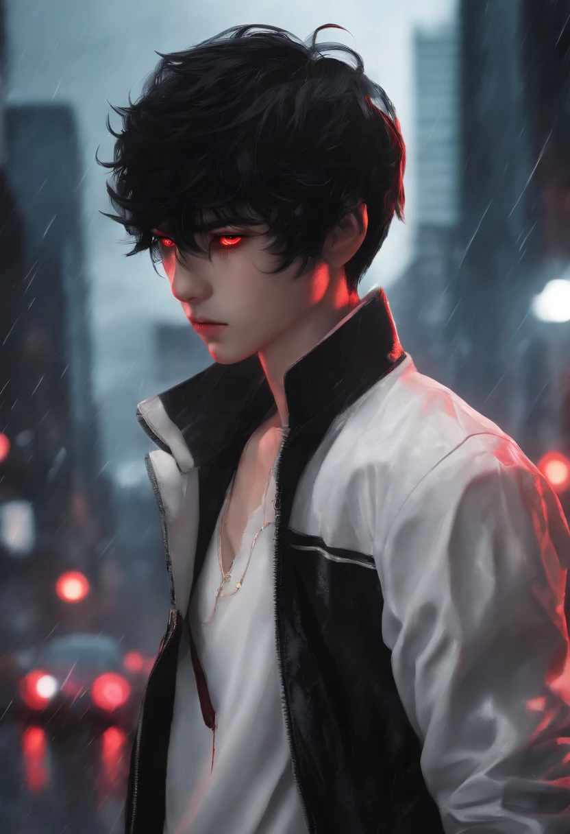 1boy, short black hair, glowing red eyes, wearing black white jacket, white denim long, city, absurdres, high res, ultrasharp, 8K, masterpiece, raining, angry, dark, blood, fighting