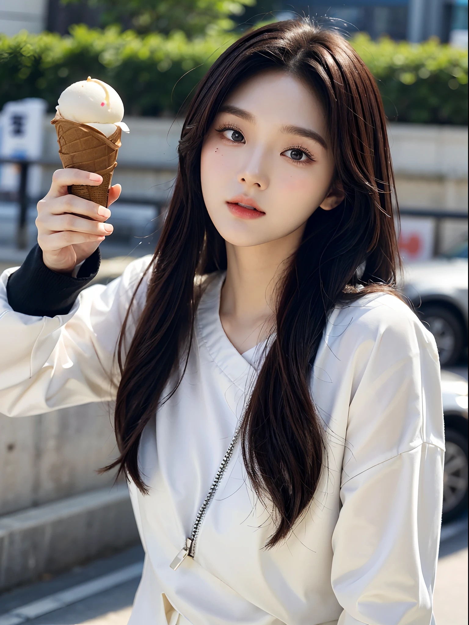 masterpiece、top-quality)、1 beutiful girl、Slim body、((Black and white plain clothes:1.1))、(Detailed beautiful eyes)、In the Han River、Face similar to Chaewon in Le Selefim、((Boyish Brown Medium Hair))、((Smaller face))、((Neutral face))、((Light brown eyes))、((Korean Girl))、((18year old))、((cool lady))、((Embarrassed expression))、((Korean Makeup))、((elongated and sharp eyes))、((Happy dating))、((boyish))、((She is walking in front of the viewer))、((Holding ice cream in hand))、((Looking Up))