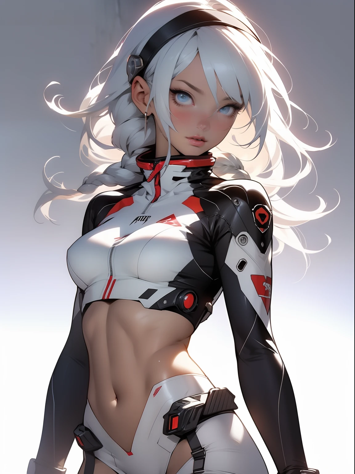 ((Best quality)), ((masterpiece)), (detailed: 1.4), (Absurd), War-ready female fighter pilot with military bikini, Marine, dark skin, defined sculpted body, full body, bare thighs, closed mouth,  cyberpunk, semi naked, generous neckline, ((perfect medium breasts)), (super light blue eyes without pupils), (((military camouflage bikini)),  (((white hair with braid)))), long eyelashes heavy makeup, garter belt, by mucha, niji --V5, close to real, psychopathic, perfect face, sexy pose, background with a giant head  evangelion, 2 piece clothing, pastel, centered, scale to fit the dimensions, HDR (High Dynamic Range),Ray Tracing, NVIDIA RTX,Super-Resolution,Unreal 5,Subsurface Dispersion, PBR Texture, Post-processing, Anisotropic filtering, Depth of field, Maximum clarity and sharpness, Multilayer textures, Albedo and specular maps, Surface shading, Accurate simulation of light-material interaction, Perfect proportions, Octane Render, Two-tone lighting, Wide aperture, Low ISO, White balance, Rule of thirds, 8K RAW, crysisnanosuit bikini, thigh gap, nice hips, cowboy-shot