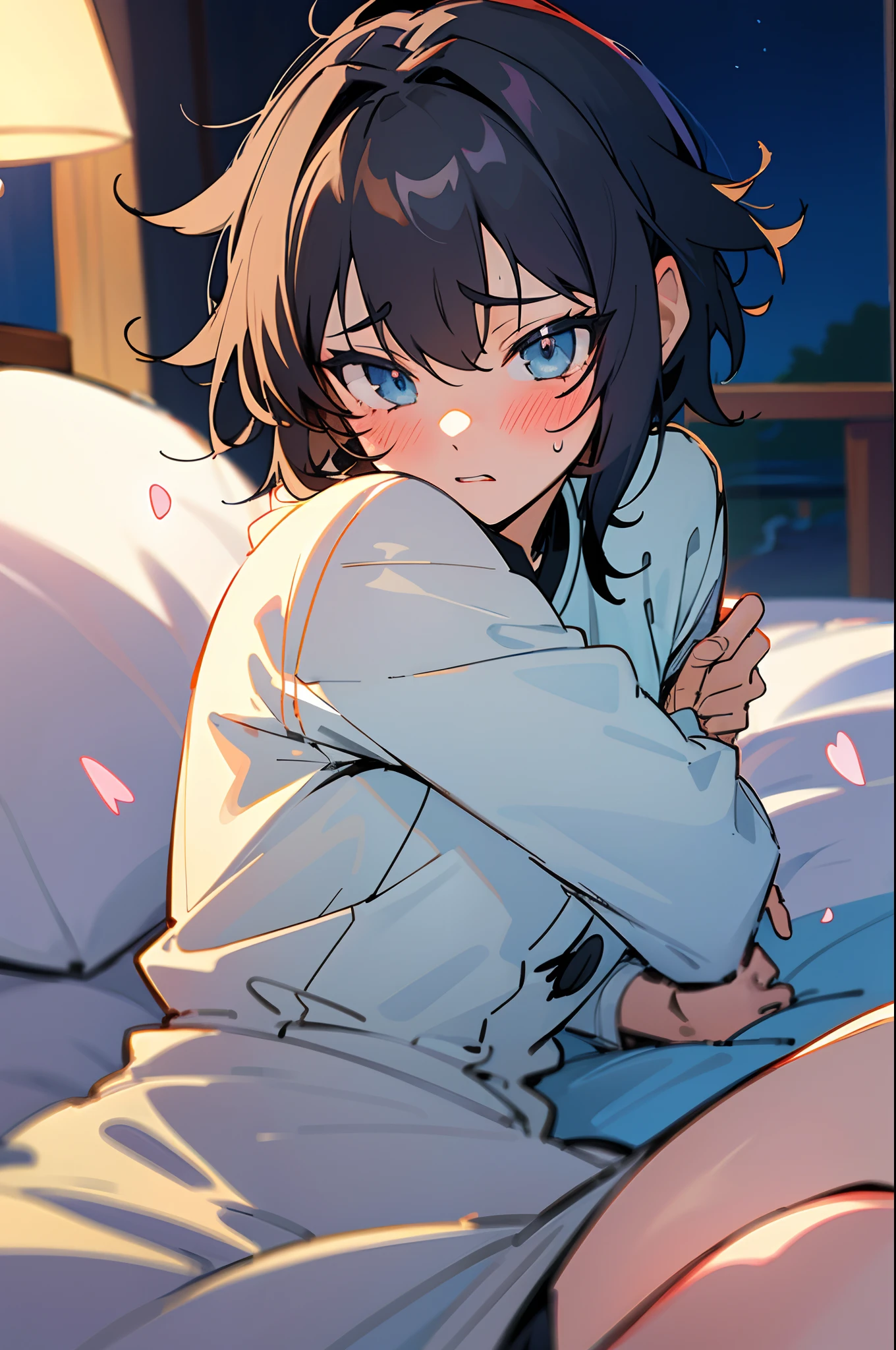 in love, masterpiece, 1girl, megumin's style,((sex)), female, 1boy,, moviment, rough, shocked, laying,(chongyun),genderbent, short_hair, (blue_eyes),digtal art, blushing, shocked , missionay, bedroom, BREAK , bed, huge ,expressive eyes, lewd, puffy, innocent,global illumination, hdri, subsurface scattering, masterpiece, 4k, raytrace, beautiful, sharp, smooth skin, bloom, anime, perfect face, night BREAK (gentle, feminine, delicate)