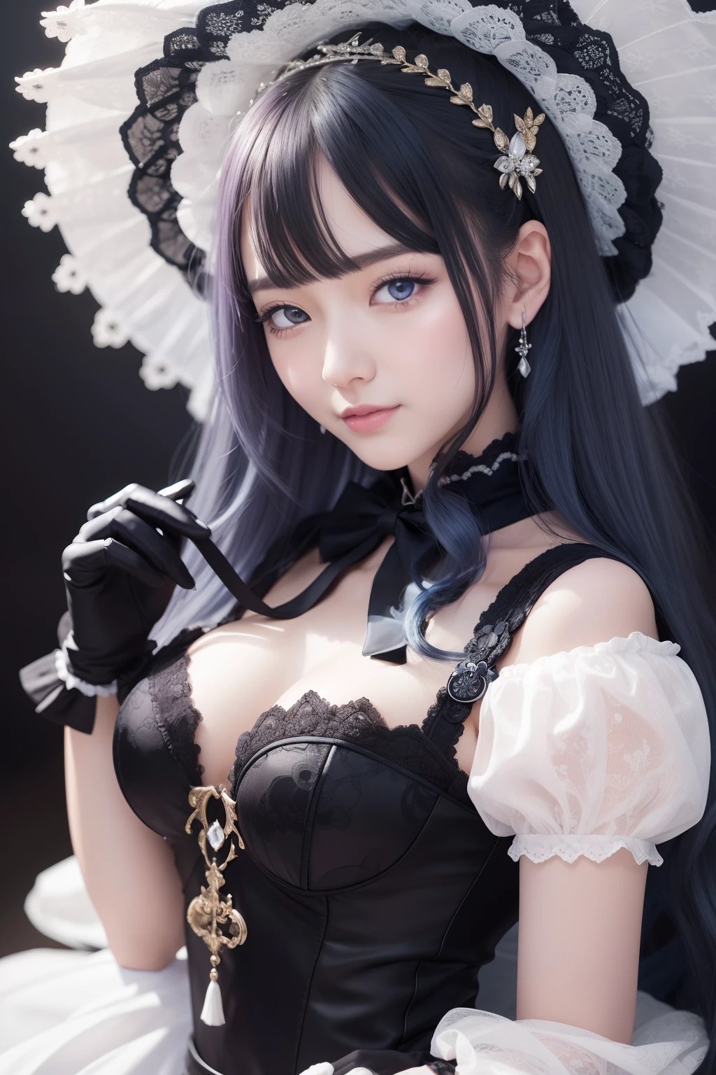 Korean,Realistic, masutepiece, Final details, photographrealistic, intricate detailes, Octane Rendering, 8K, 1girl in, Full body perfect face, Beautiful face, nffsw, Trough reference, Detail Hair,, Black bow, Black Gloves, Black paws, Blue eyes, Blue hair, Bow, 鎖骨, Dress, Drill Hair, frilld, frilld, gloves, Gwen, Head dress, hight resolution, Long hair, Parted lips, Puffy sleeves, Purple eyes, Smile, Solo, White Dress, Oil skin,
