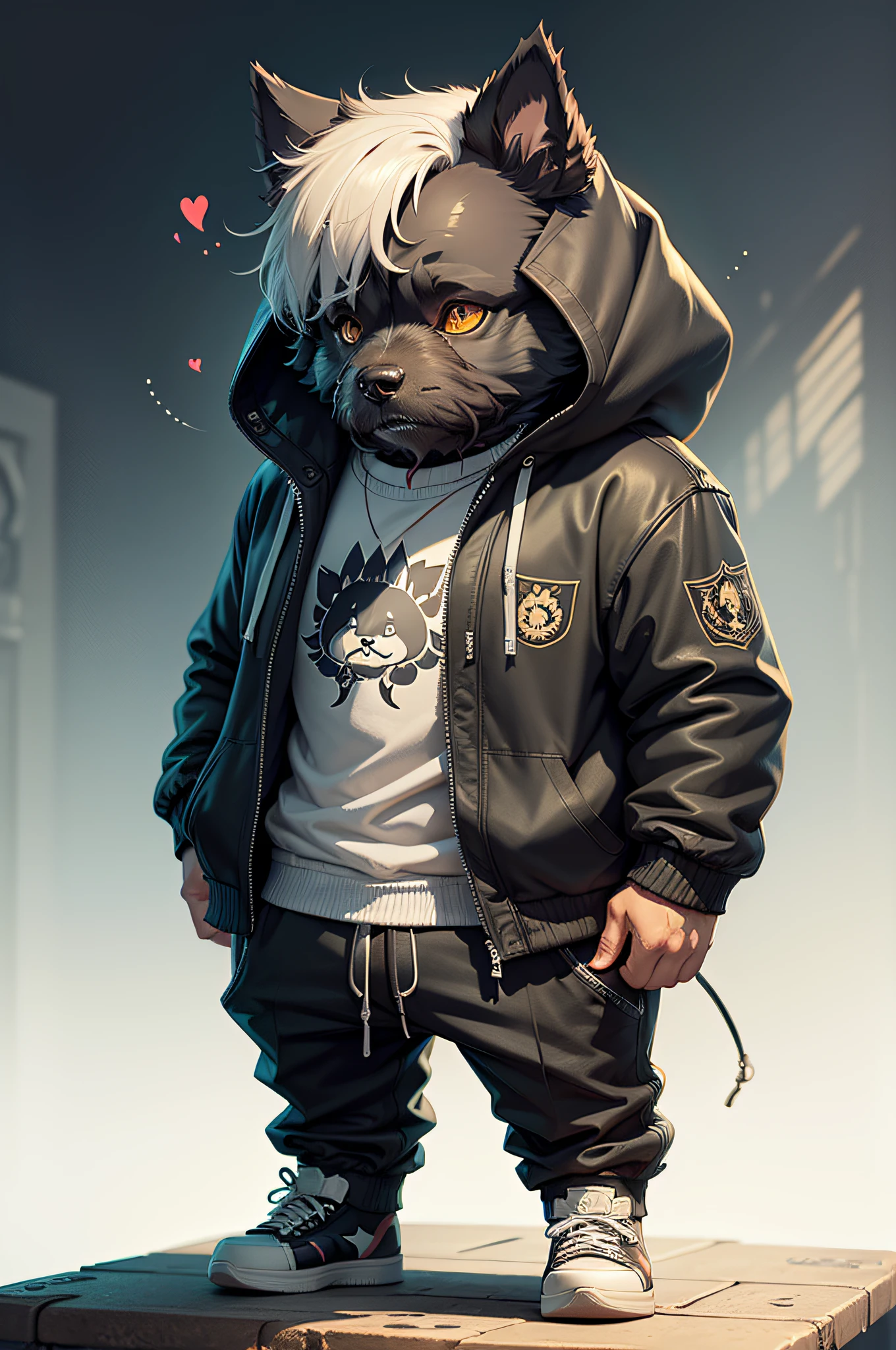 C4tt4stic, Cartoon Scottish Terrier in a jacket and skateboard（Body hair is black、droopy ears、Ears are lowered、Details of the appearance of the Scottish Terrier）