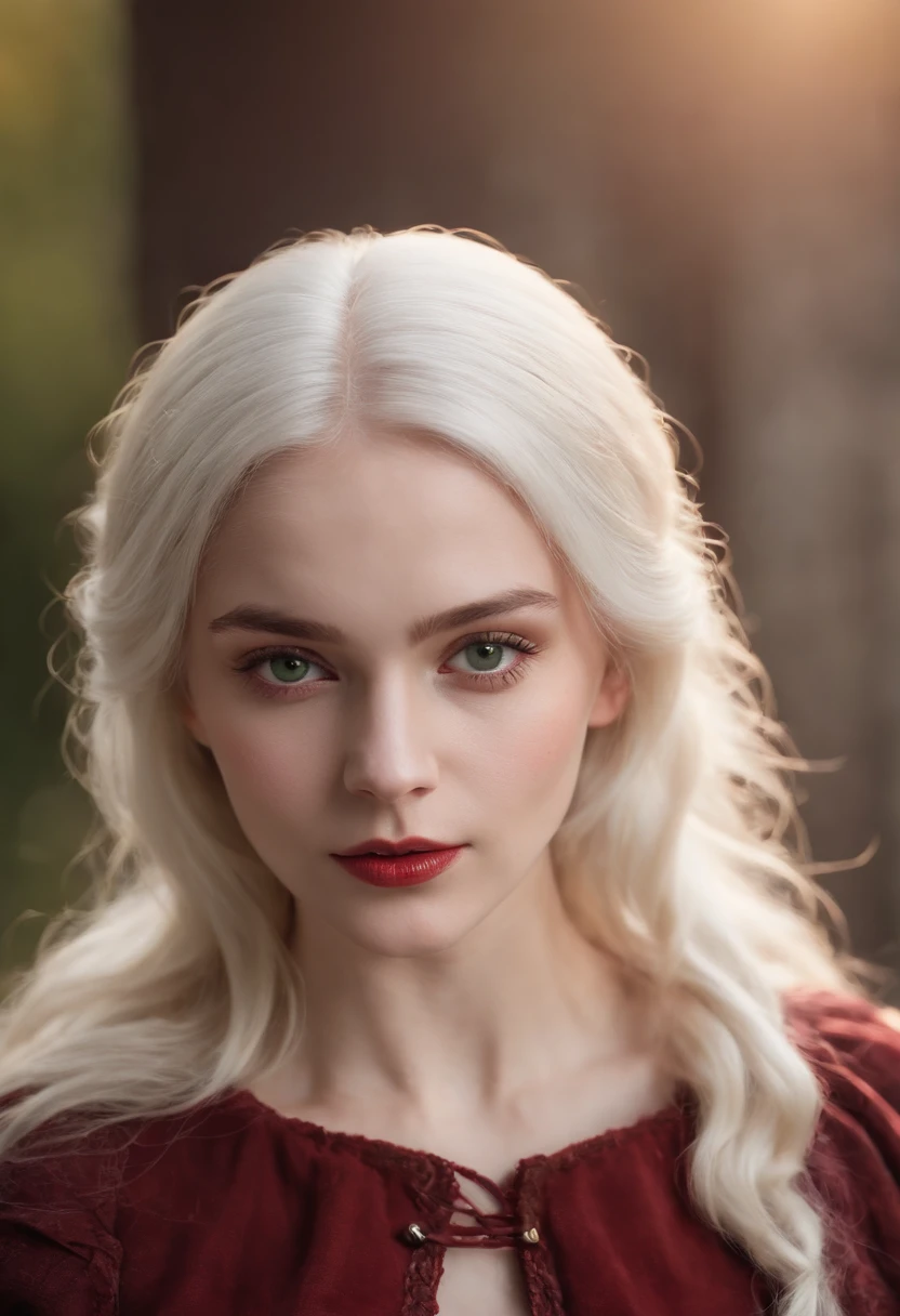 (((a deep reddish wound crosses her left cheek))) fair complexion, woman around 19 years old, natural white hair, distinctive green eyes, wearing kohl, slender and graceful, beautiful, candlelight in a medieval setting, ultra sharp focus, realistic shot, medieval female clothes, tetradic colors (scar:1.4)