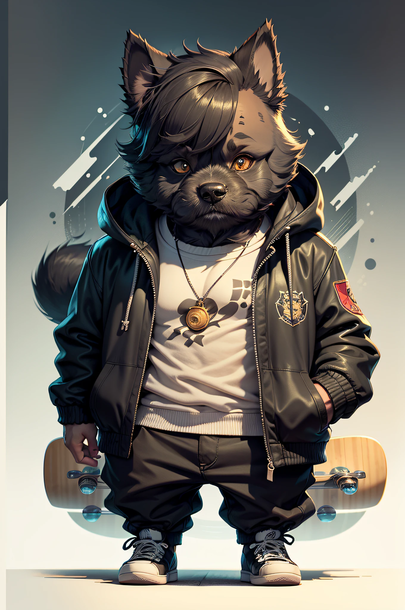 C4tt4stic, Cartoon Scottish Terrier in a jacket and skateboard(Body hair is black、droopy ears、Ears are lowered、Details of the appearance of the Scottish Terrier)