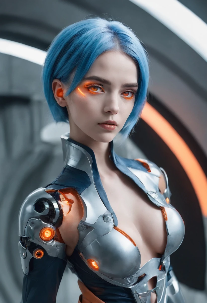 cyborg style, 1girl, solo, orange eyes, blue hair, science fiction, breasts, high quality, high resolution