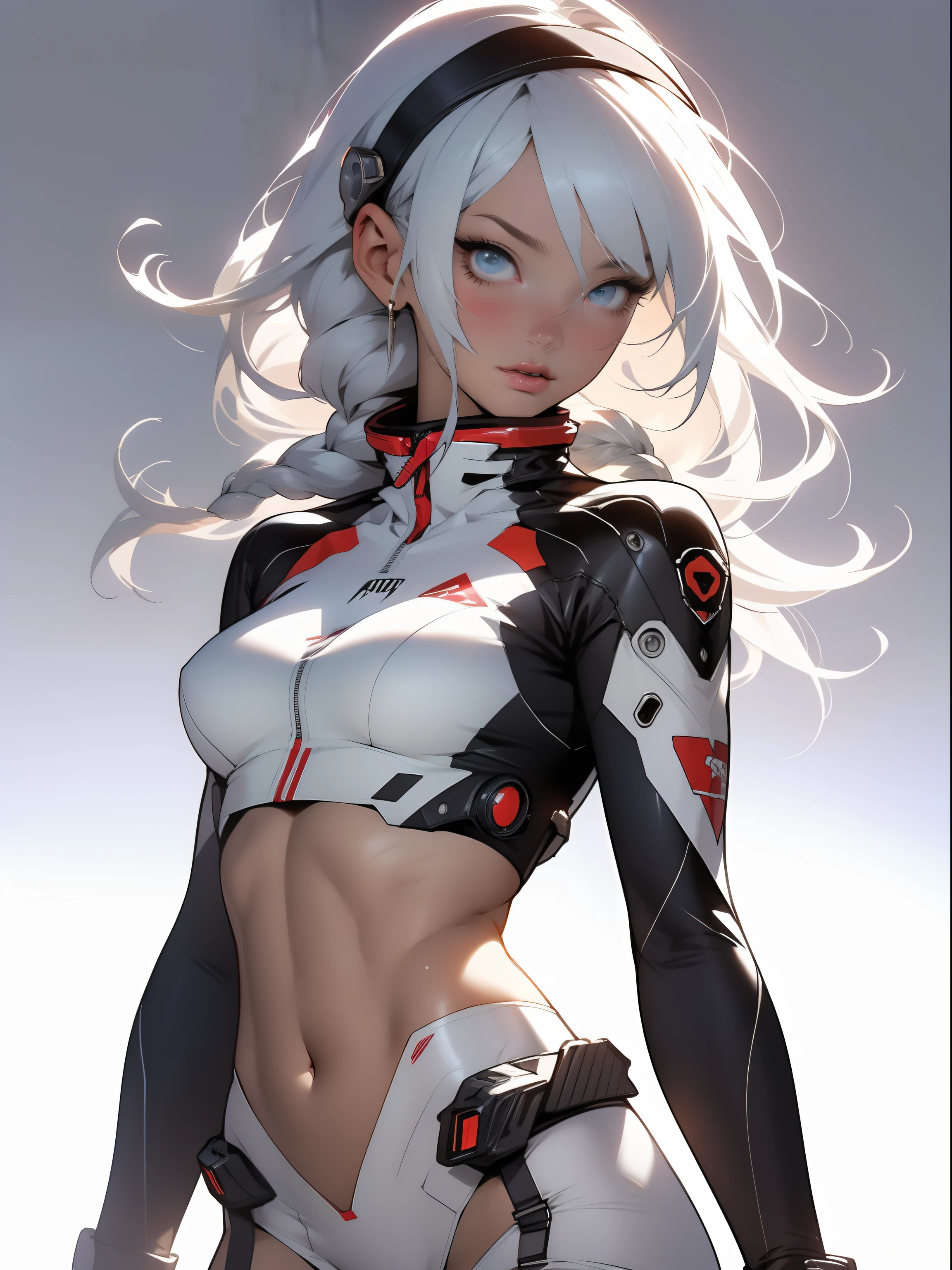 ((Best quality)), ((masterpiece)), (detailed: 1.4), (Absurd), War-ready female fighter pilot with military bikini, Marine, dark skin, defined sculpted body, full body, bare thighs, closed mouth, cyberpunk, semi naked, generous neckline, ((perfect medium breasts)), (super light blue eyes without pupils), (((military camouflage bikini)), (((white hair with braid)))), long eyelashes heavy makeup, garter belt, by mucha, niji --V5, close to real, psychopathic, perfect face, sexy pose, background with a giant head evangelion, 2 piece clothing, pastel, centered, scale to fit the dimensions, HDR (High Dynamic Range),Ray Tracing, NVIDIA RTX,Super-Resolution,Unreal 5,Subsurface Dispersion, PBR Texture, Post-processing, Anisotropic filtering, Depth of field, Maximum clarity and sharpness, Multilayer textures, Albedo and specular maps, Surface shading, Accurate simulation of light-material interaction, Perfect proportions, Octane Render, Two-tone lighting, Wide aperture, Low ISO, White balance, Rule of thirds, 8K RAW, crysisnanosuit bikini, thigh gap, nice hips, cowboy-shot