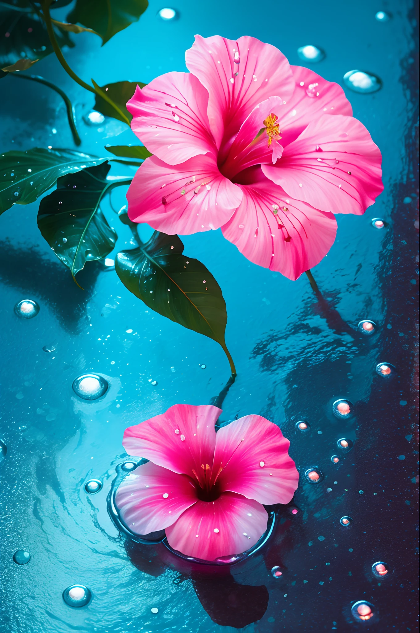 hibiscus Moon with water drops,neon glow, random background, sun rise, bokha mood