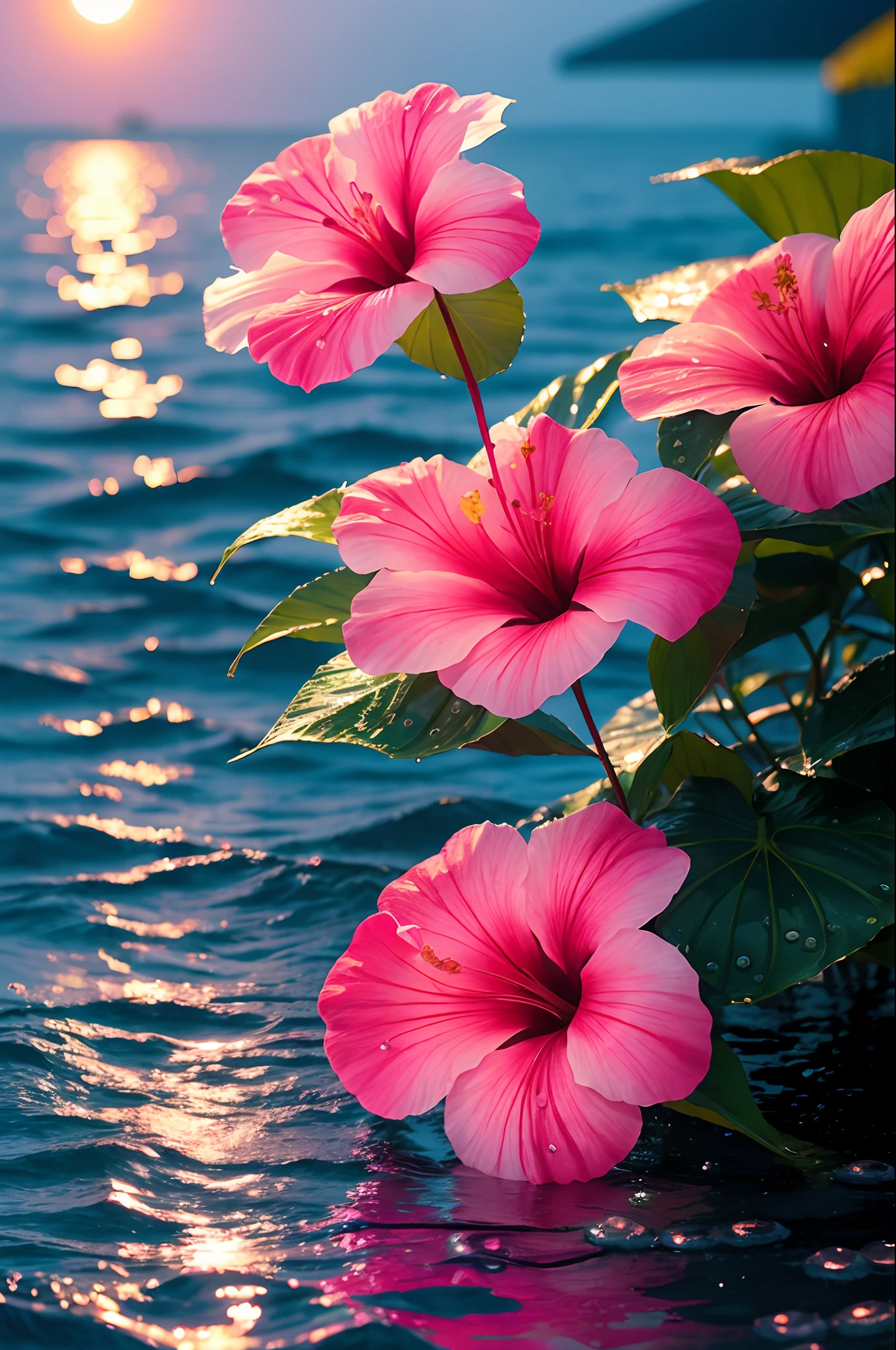 hibiscus Moon with water drops,neon glow, random background, sun rise, bokha mood