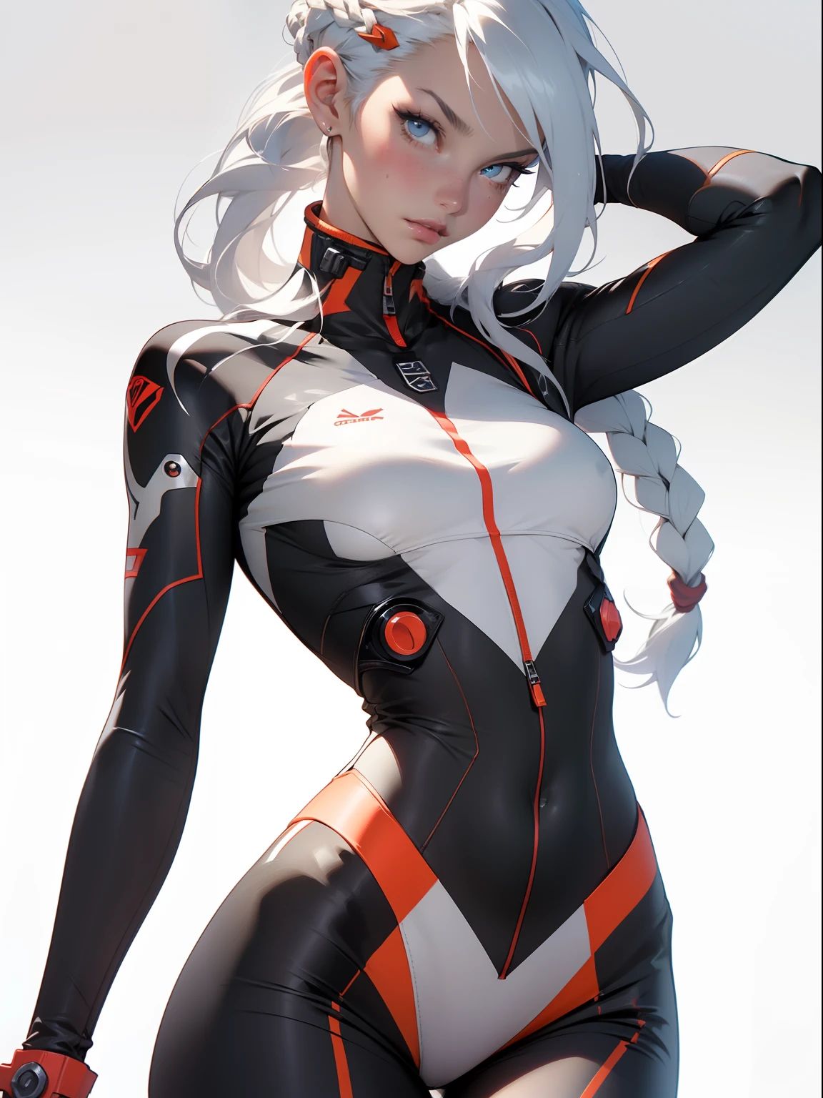((Best quality)), ((masterpiece)), (detailed: 1.4), (Absurd), War-ready female fighter pilot with military bikini, Marine, dark skin, defined sculpted body, full body, bare thighs, closed mouth, cyberpunk, semi naked, generous neckline, ((perfect medium breasts)), (super light blue eyes without pupils), (((military camouflage bikini)), (((white hair with braid)))), long eyelashes heavy makeup, garter belt, by mucha, niji --V5, close to real, psychopathic, perfect face, sexy pose, background with a giant head evangelion, 2 piece clothing, pastel, centered, scale to fit the dimensions, HDR (High Dynamic Range),Ray Tracing, NVIDIA RTX,Super-Resolution,Unreal 5,Subsurface Dispersion, PBR Texture, Post-processing, Anisotropic filtering, Depth of field, Maximum clarity and sharpness, Multilayer textures, Albedo and specular maps, Surface shading, Accurate simulation of light-material interaction, Perfect proportions, thigh gap, Octane Render, Two-tone lighting, Wide aperture, Low ISO, White balance, Rule of thirds, 8K RAW, crysisnanosuit bikini, thigh gap, nice hips, cowboy-shot